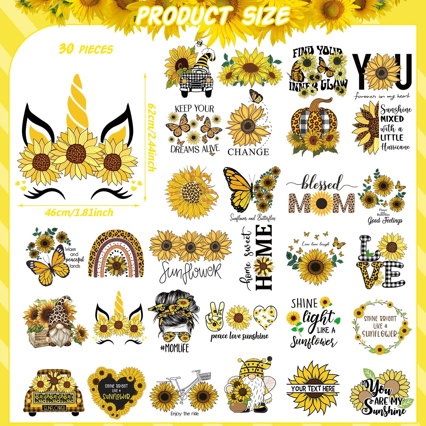30 Pcs Sunflower Iron on Transfers Cute Patches Flower Appliques for T Shirts Spring Iron on Decals Heat Transfer Sticker for Clothes Bag Pillow Covers DIY Decorations