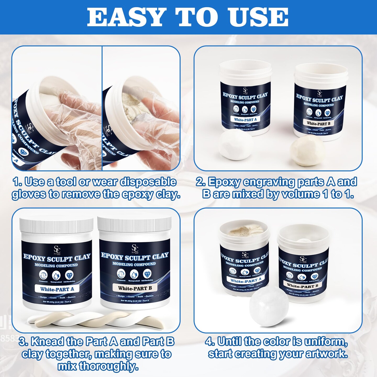 Epoxy Putty Sculpt Clay, 2 Part A &#x26; B for Sculpting, Modeling, Building, and Repairing, 1 Pound, White
