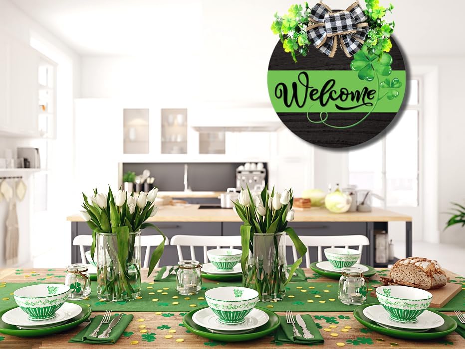 St Patrick Day Door Decor St Patrick Day Welcome Sign Shamrock Decoration Wreath with Buffalo Plaid Bow for St Patrick Day Door Decorations