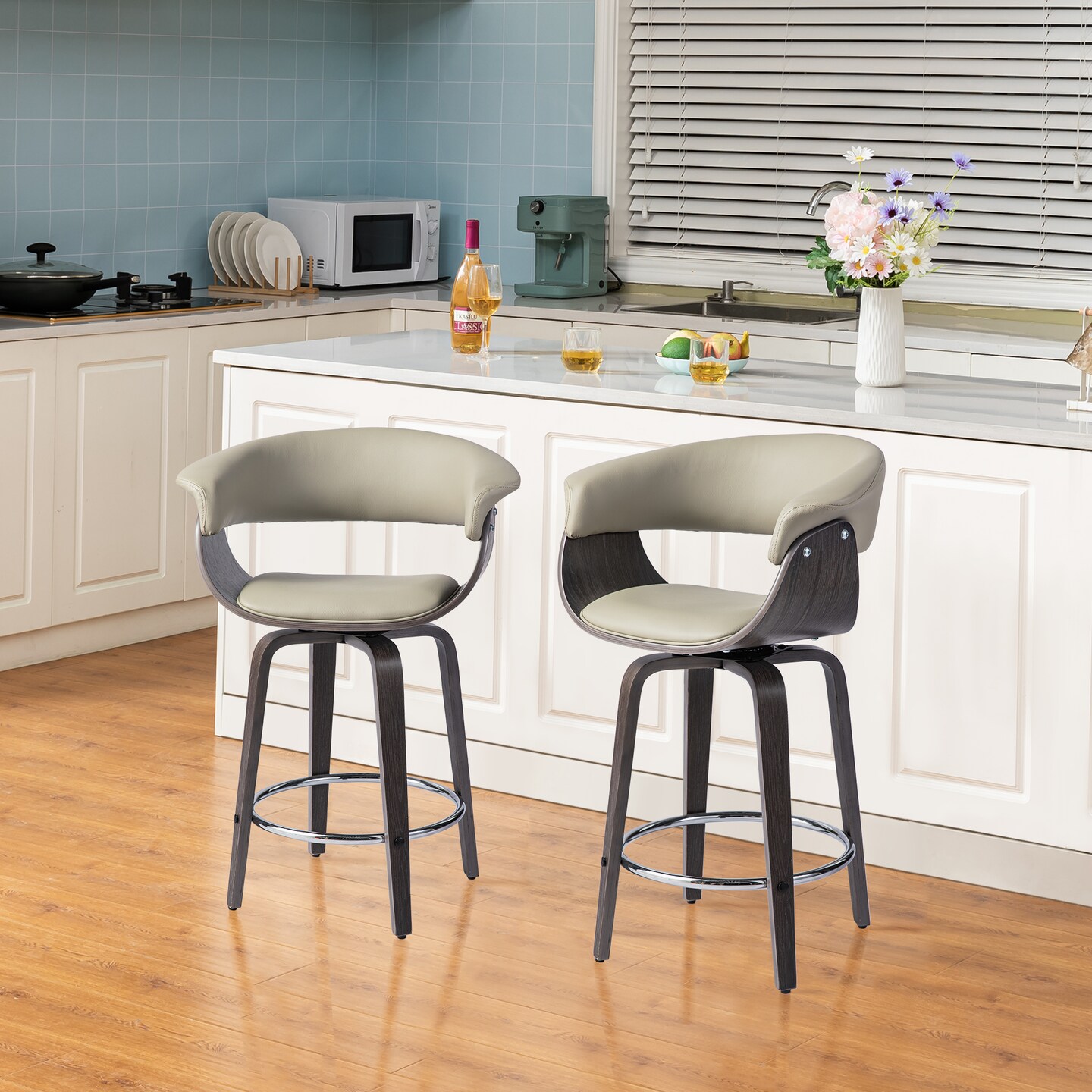 Set of 2/4 Mid-century Modern Leatherette Swivel Bar Stools/Counter Stools with Walnut Bentwood Frame