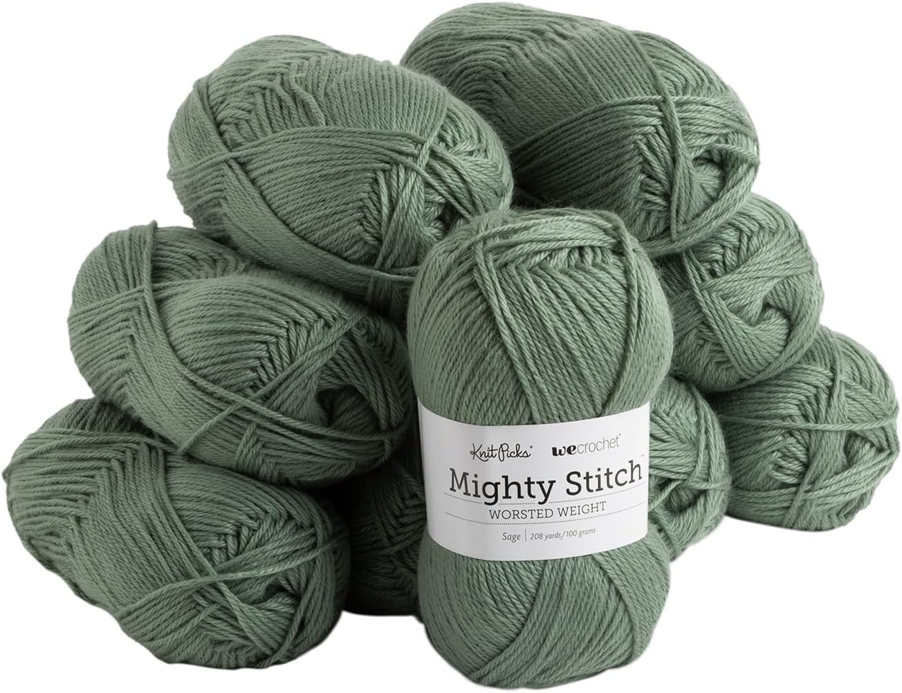 Mighty Stitch Acrylic and Superwash Wool Blend Worsted Weight Green Yarn Pack - 10 skeins of 100g Each - 2080 Yards Total (Sage)