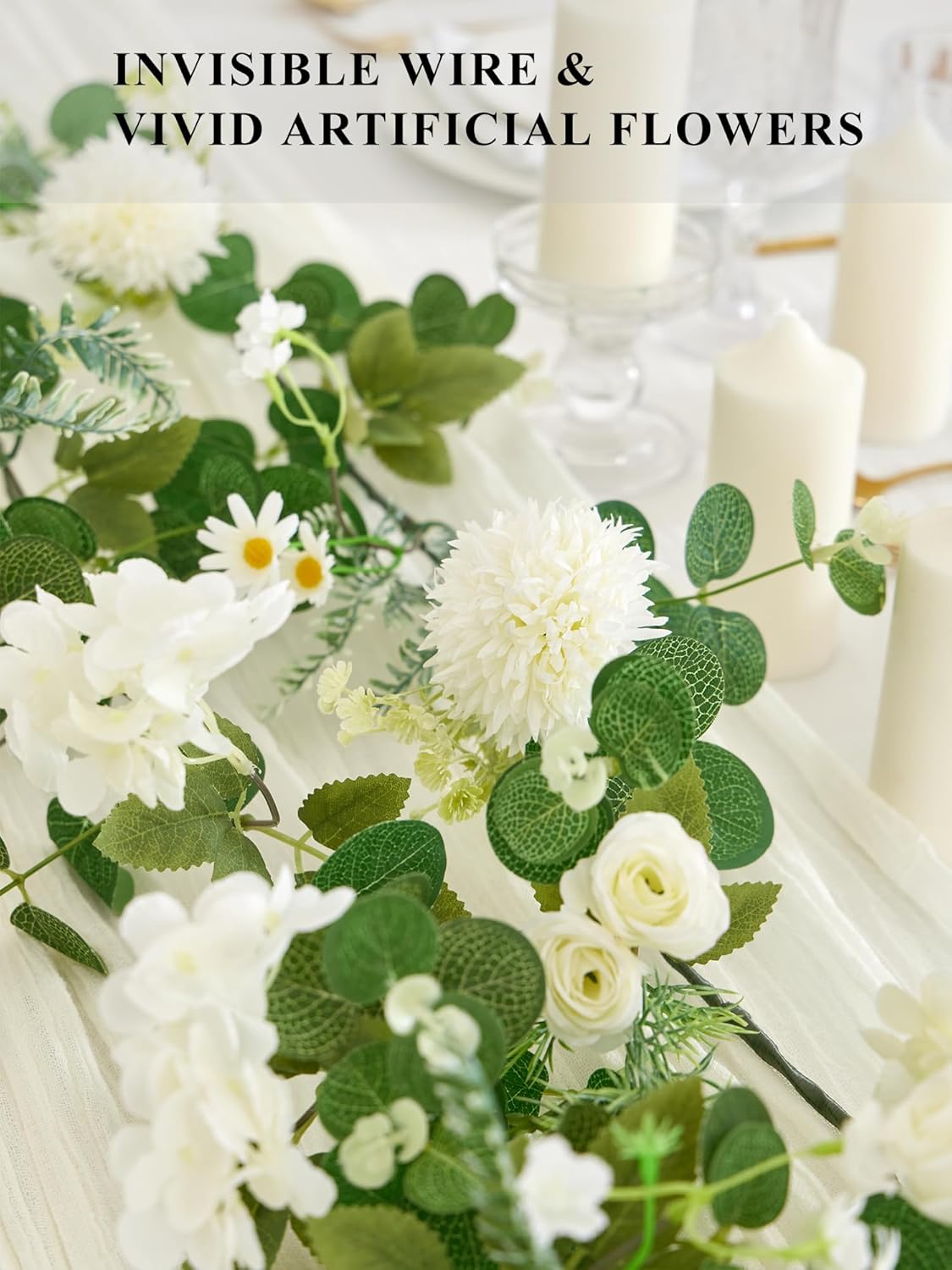 5.9Ft Eucalyptus Garland with Flowers, Artificial Fake Flower Greenery Spring Garland for Baby Shower Wedding Mantle Table Centerpiece Spring Decor