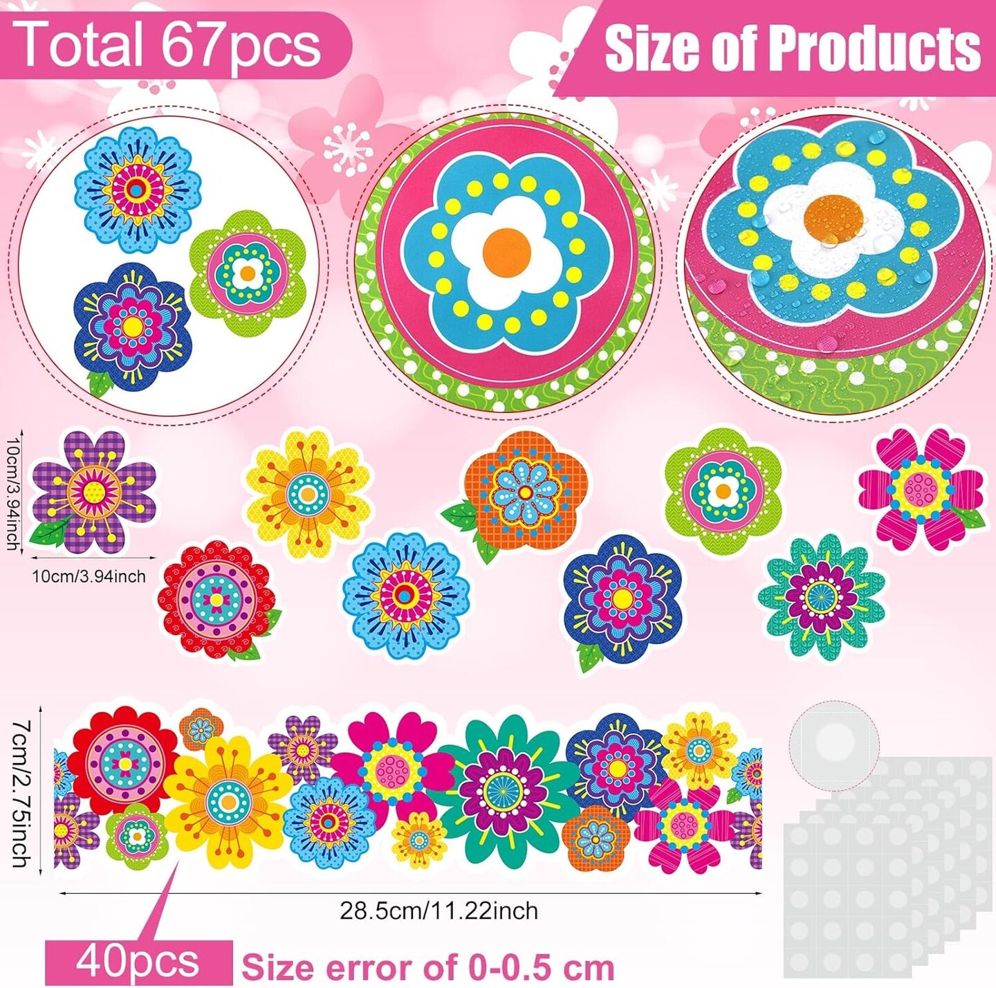 67 Pieces Spring Flower Bulletin Boards Decoration Set Included 37ft Bulletin Board Borders and 27 Pieces Flower Cutouts Offices Wall Decoration(Mixed Flowers)