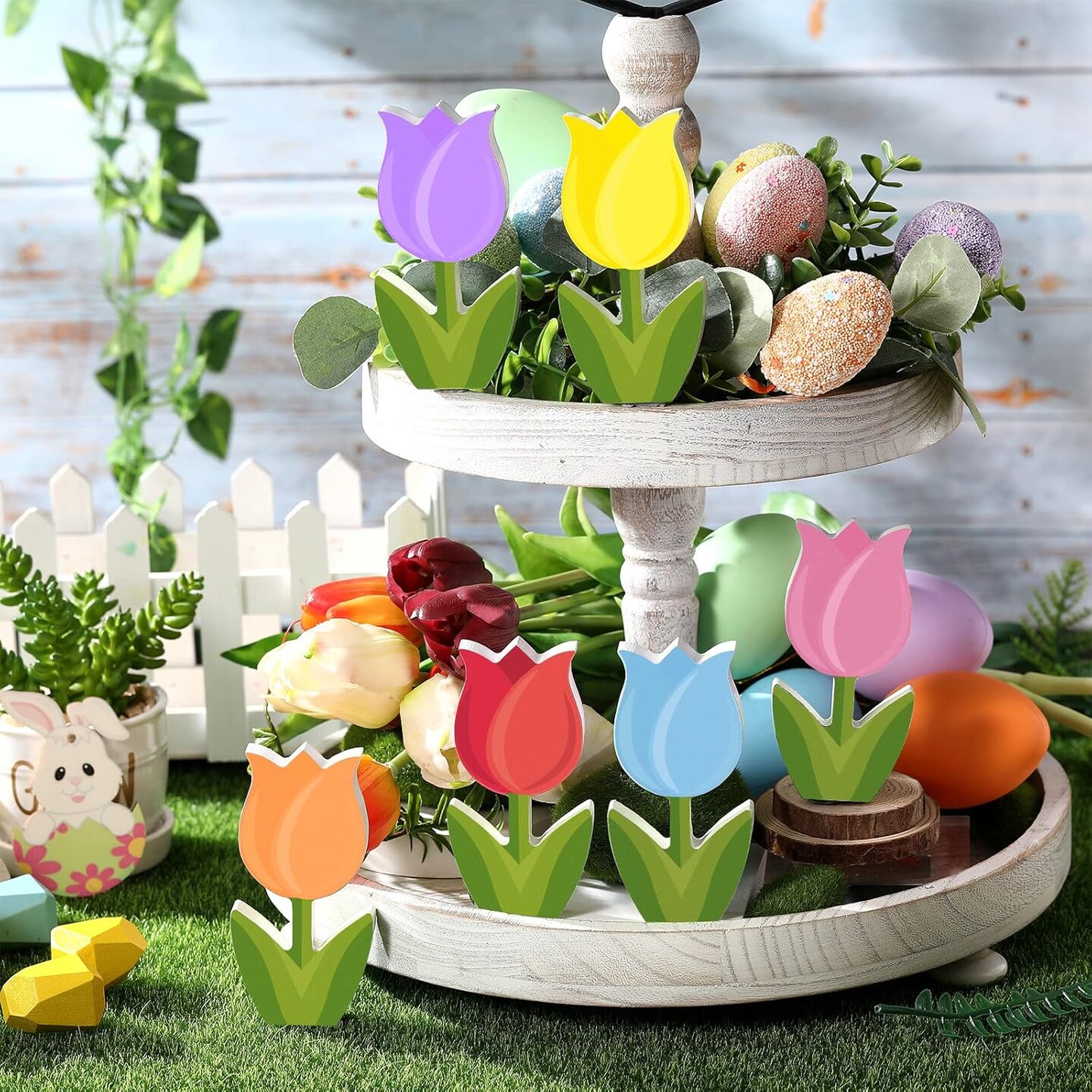 6 Pcs Spring Tiered Tray Decor Wooden Tulip Decorations, Blue, Green, Orange, Pink, Red