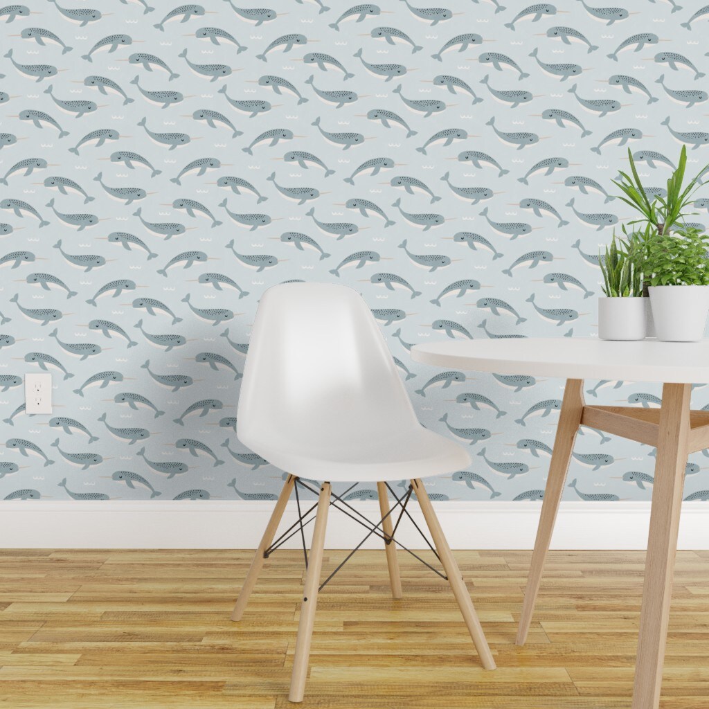 Peel &#x26; Stick Wallpaper 2FT Wide Little Blue Narwhal Ocean Animal Waves Light Under The Sea Life Coastal Creature Custom Removable Wallpaper by Spoonflower