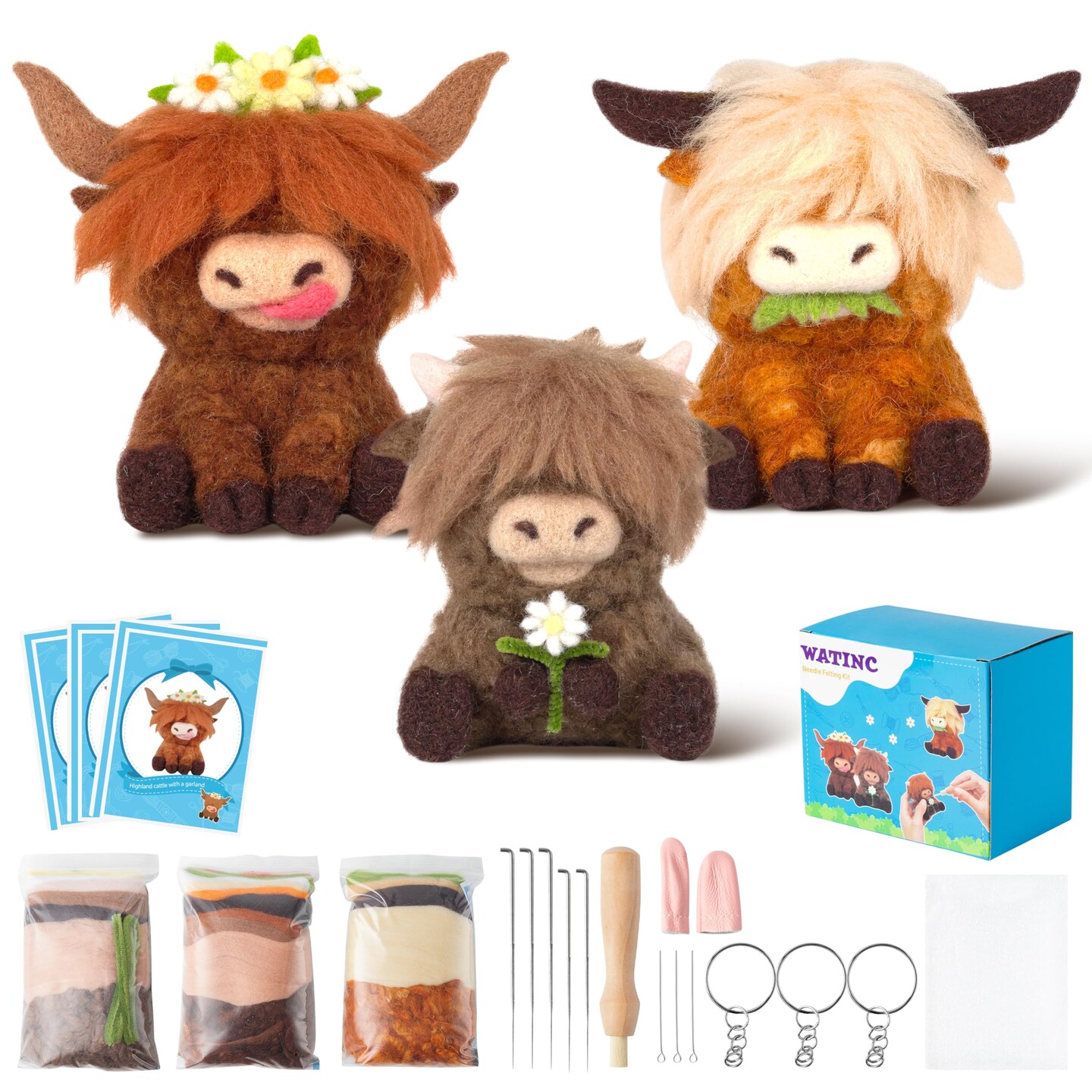 Highland Cow Needle Felting Kit - Set of 3 Different Highland Cow Doll Wool Felt Needle Felting Tools Foam Pad, DIY Home Decoration Needle Felting Craft Party Supplies for Beginners 436025892146348039