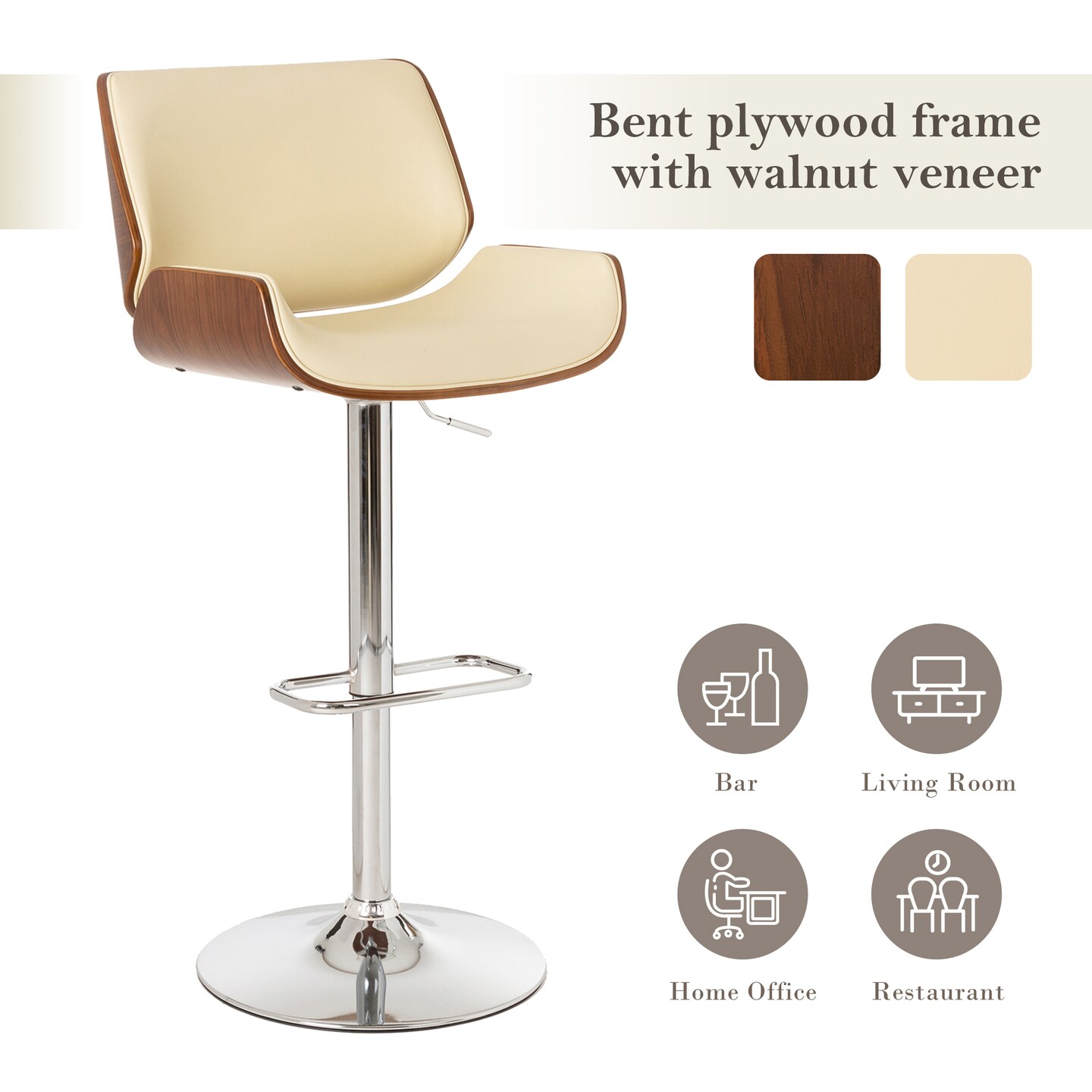 Set of 2 Mid-century Modern Leatherette Adjustable Height Swivel Bar Stool with Black Metal Base