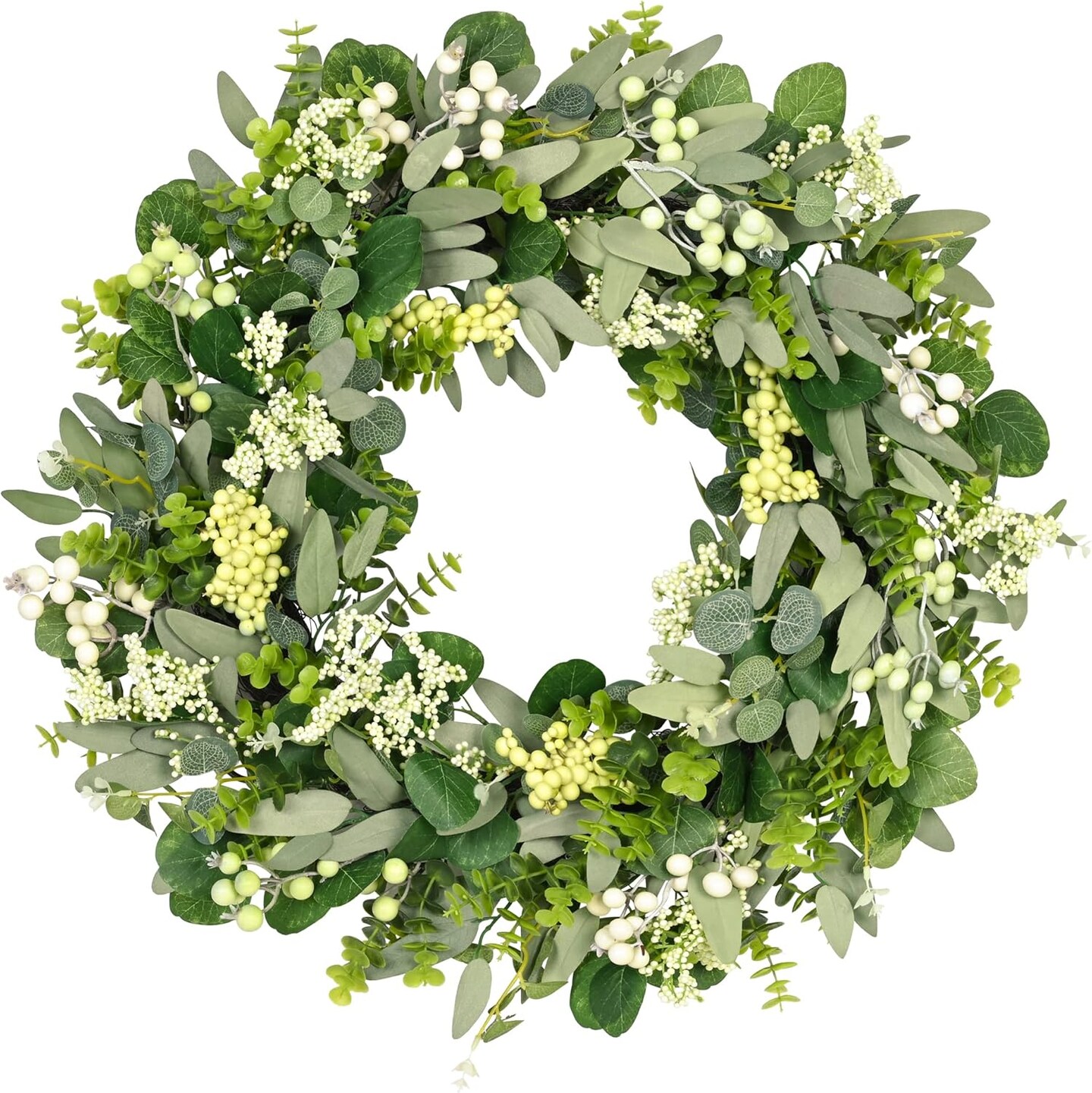 Green Eucalyptus Leaf Wreath, 24 Inch Artificial Spring Summer Wreaths for Front Door Decor Boxwood Wreath with Big Berries, Farmhouse Greenery Wreath Outside Year Round - Indoor/Outdoor