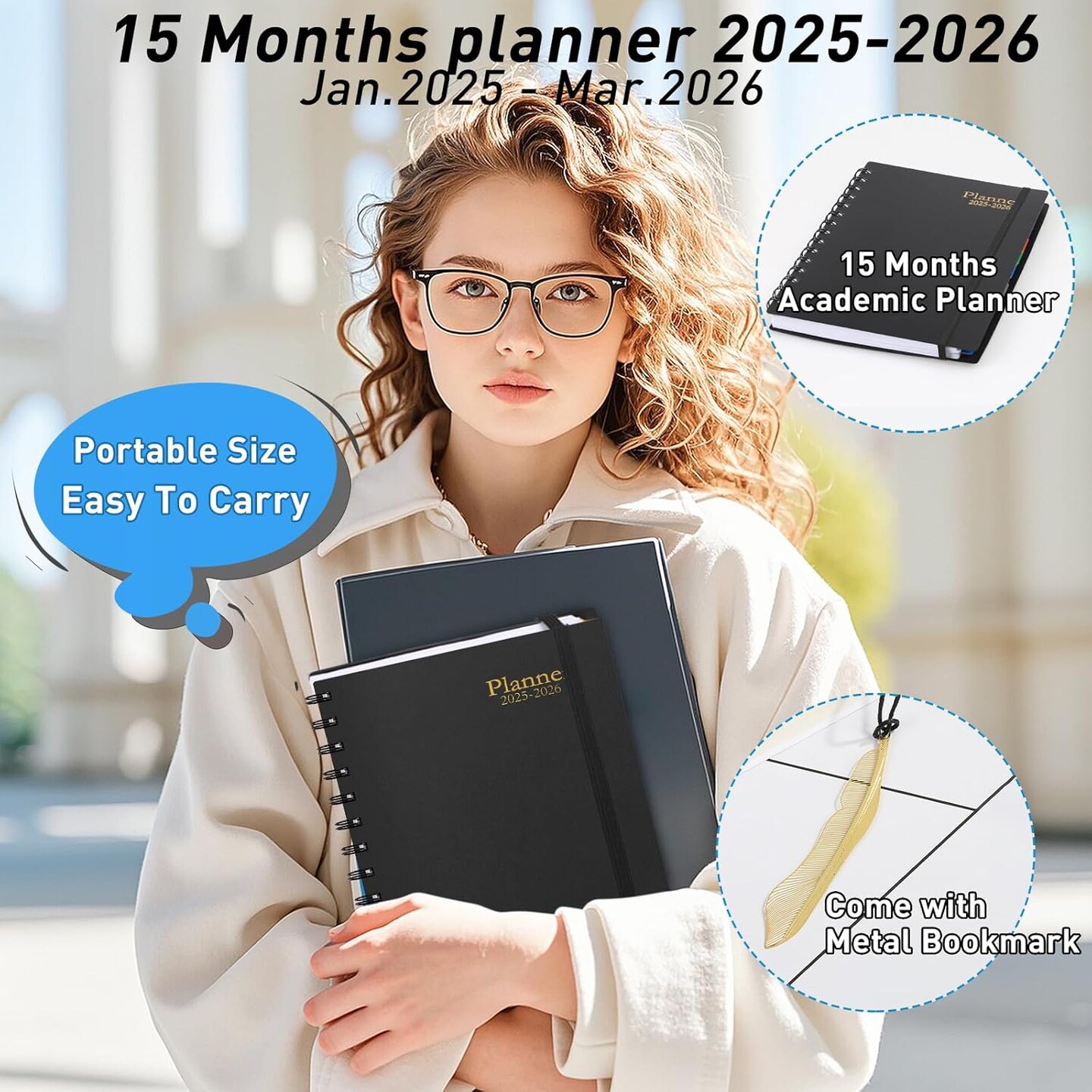 Daily Planner 2025-2026, 15 Month Planner with Tabs, Yearly Monthly Weekly Daily Time Management Planner, January 2025-March 2026, Office Home School Supplies for Women &#x26; Men-A5(5.7&#x22; x 8.3&#x22;), Black, 100GSM Thick Paper, Spiral Bound