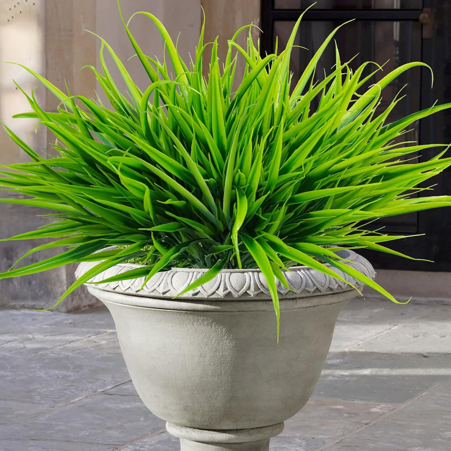 6 Bundles Artificial Outdoor Plants UV Resistant Fake Grass Plants Faux Plastic Plants Greenery Shrubs for Home Garden Pathway Window Box Front Porch Cemetery Spring Summer Decor, Green 3"D x 3"W x 14"H