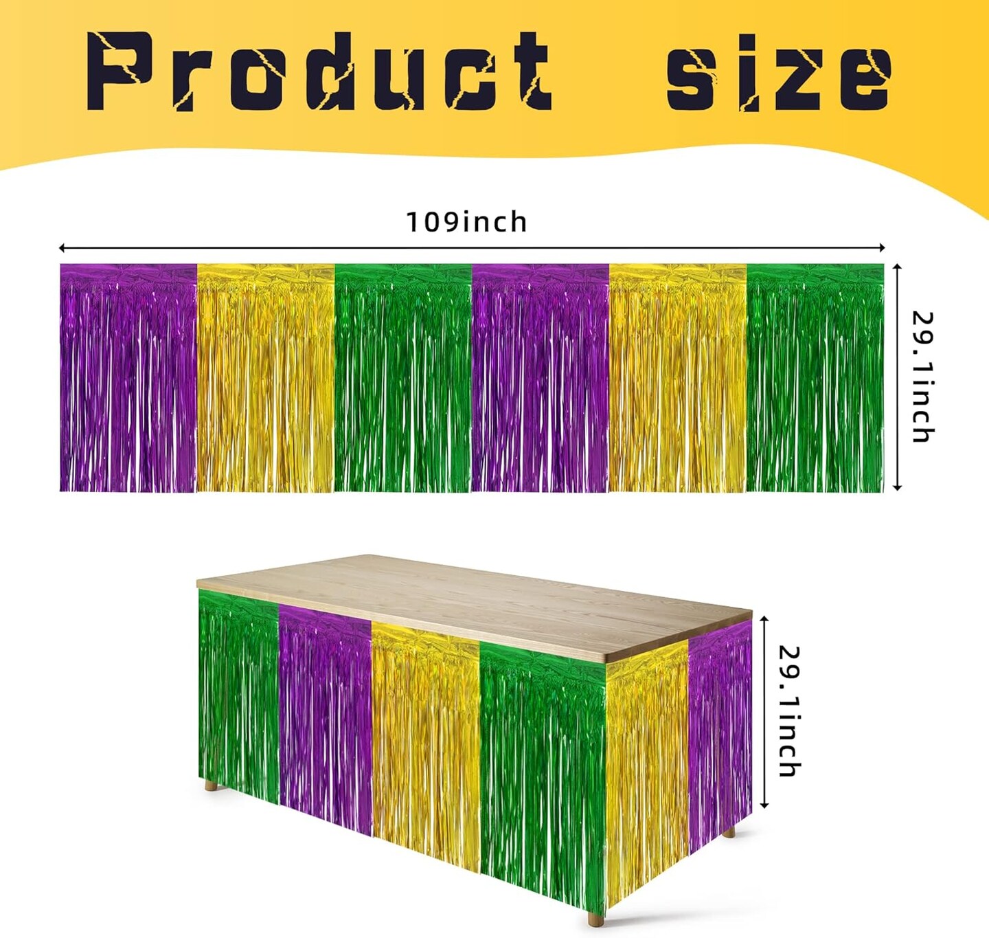 4 PCS Mardi Gras Party Table Skirt-29 x 109 Inch Mardi Gras Metallic Fringe Table Skirts-Purple Gold Green Tinsel Foil Fringe Decoration for Mardi Gras Holiday New Orleans Masquerade Party