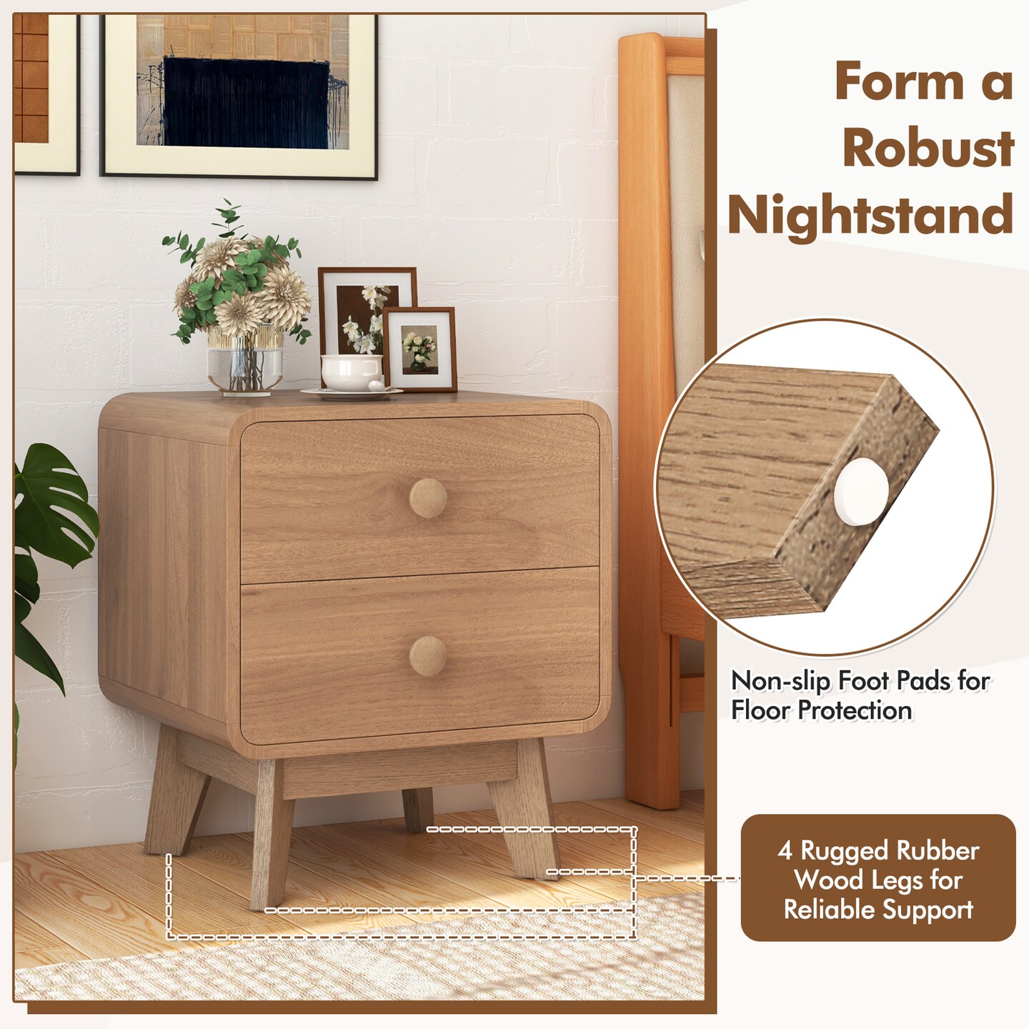 Costway 1/2 PCS Modern Style 2-Drawer Nightstand Bedside Table with Solid Rubber Wood Legs Brown