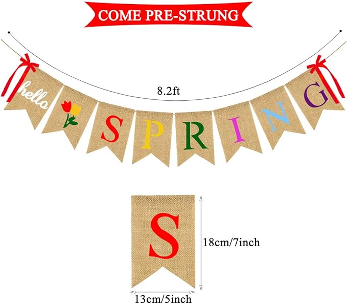 Hello Spring Burlap Banner Jute Spring Bunting Banner Garland Flower Spring Decorations for Indoor Outdoor Party Mantel Fireplace Wall Decor
