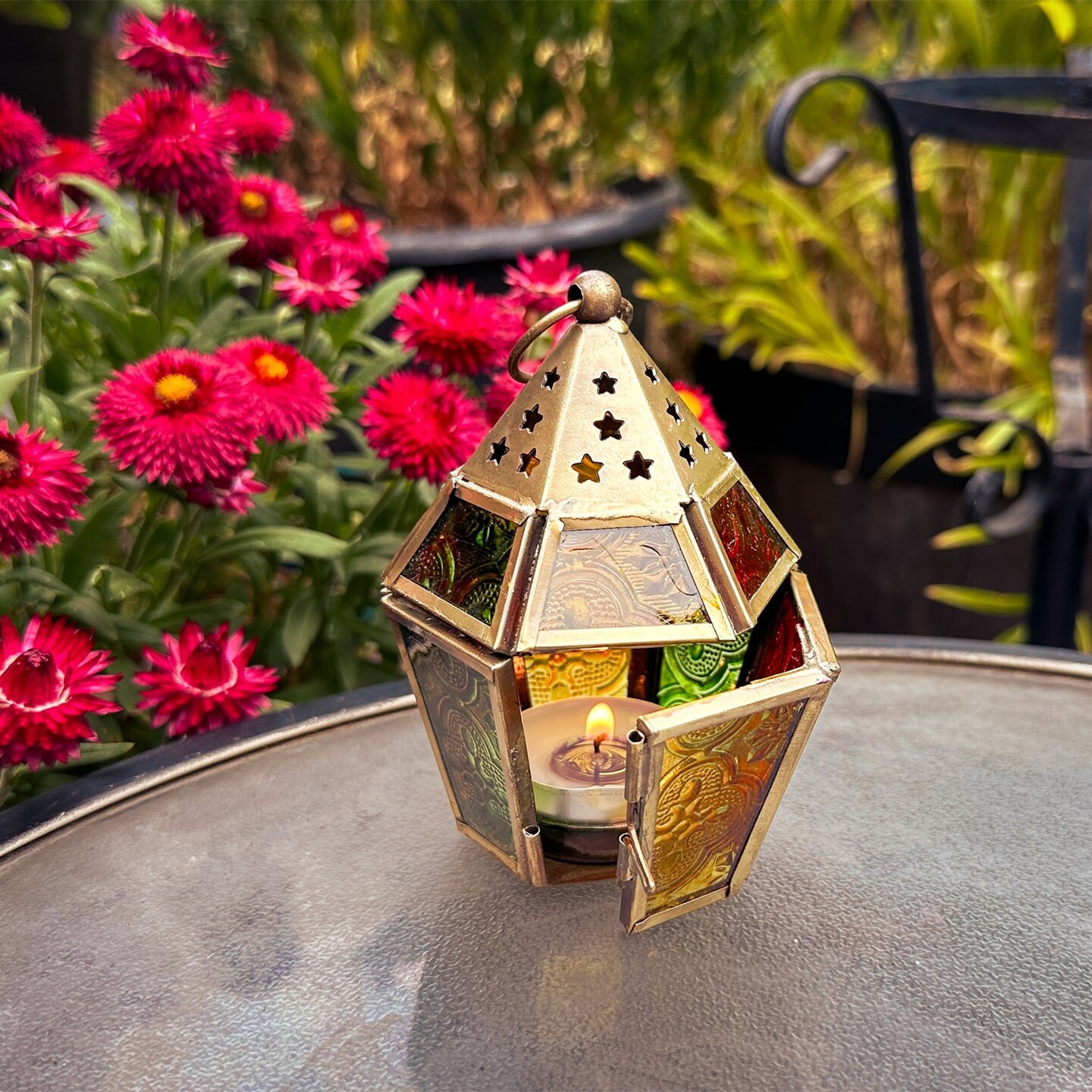 In the Breeze 9207 — Red, Yellow & Green Mini Hex Tealight Lantern — Moroccan-Style Boho Chic Tealight Glass and Metal Tabletop Lantern