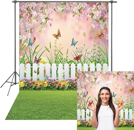 Spring Easter Garden Photography Backdrop Green Grass Lawn Floral Butterfly Fence Baby Shower Birthday Party Backgrounds (5x7FT)