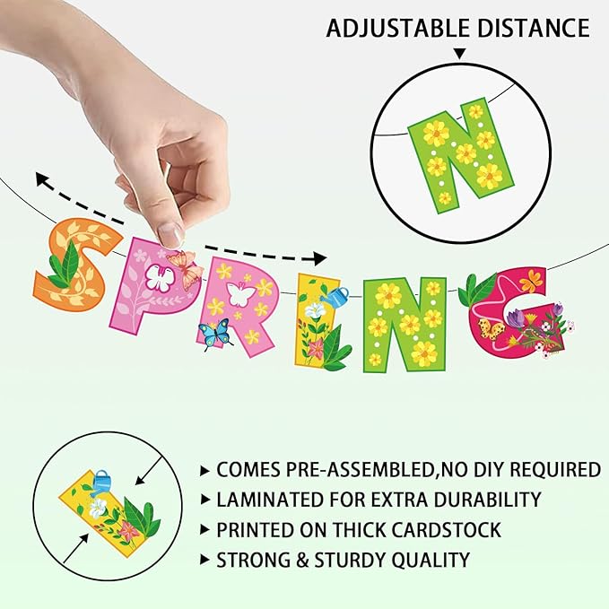 Spring Banner, NO-DIY Spring Decorations includes Hello Spring Banner, Spring Flower Garland and Spring Garland, Spring Party Decorations for Spring Easter Mantel Fireplace Hanging Decor