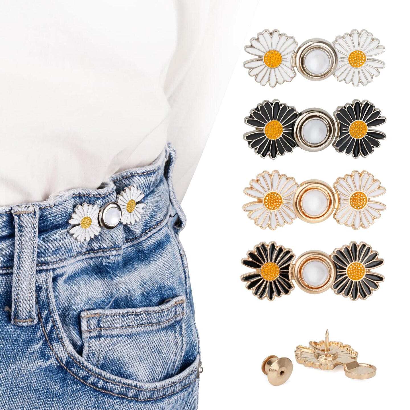 Pant Waist Tightener, Detachable Jean Buttons for Loose Jeans, No Sew and No Tools Button Pins for Jeans, Adjustable Jean Buttons Pins, Daisy Flower Instant Pants Button Tightener 4 Sets