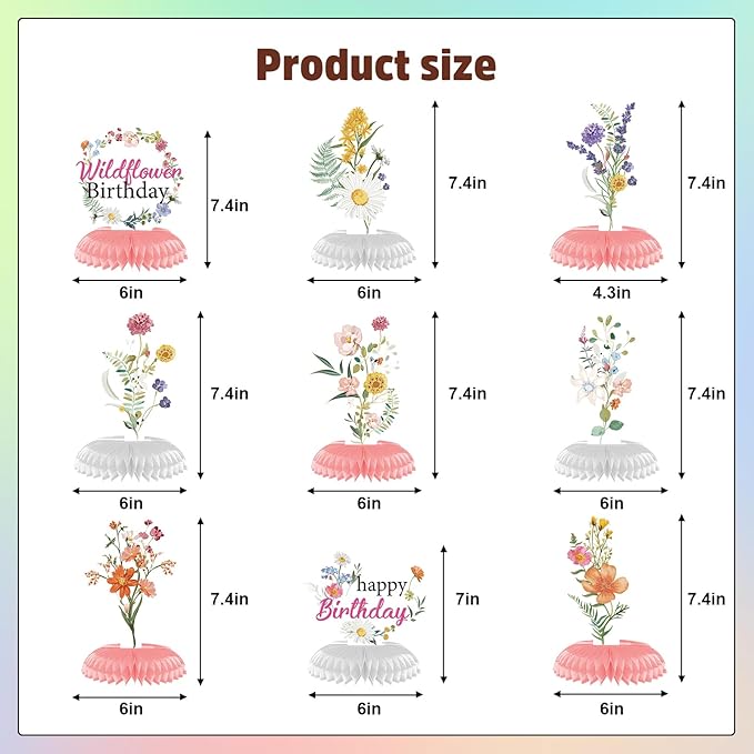 9-Piece Wildflower Birthday Table Decor Set – Spring Party Supplies with Floral Honeycomb Centerpiece