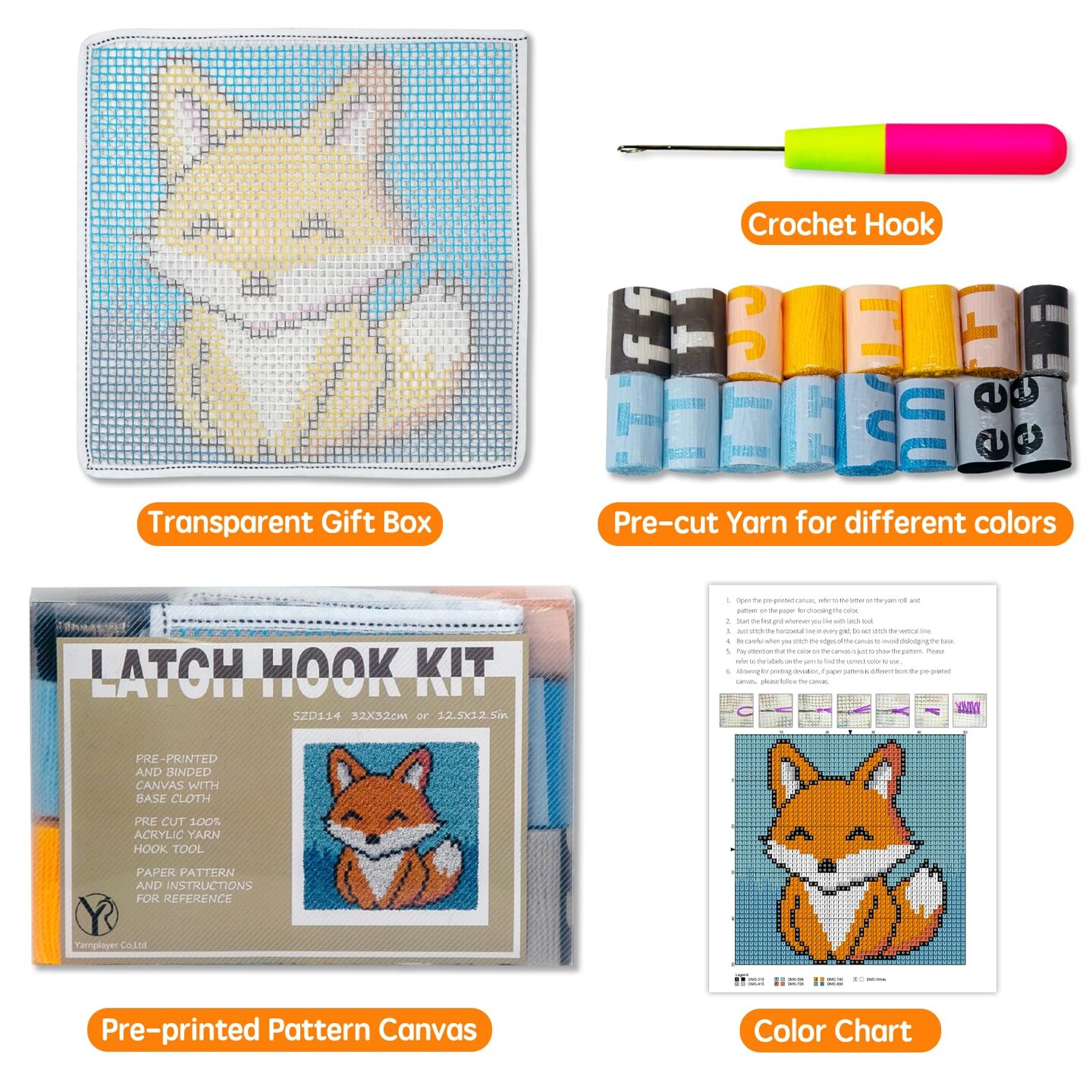 YP Latch Hook Kits for Kids Adults DIY Rug Tapestry Kits with Printed Canvas Embroidery Kits Festival Gifts Home Decoration (Fox,11.8inch X 11.8inch)