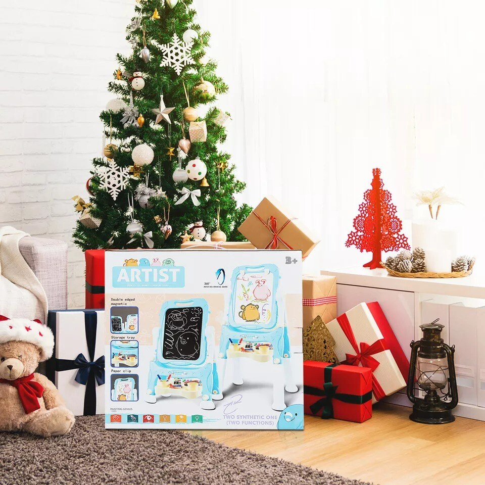 Kids Gift Double Sided Art Creative Easel Adjustable Height w/Accessories Blue