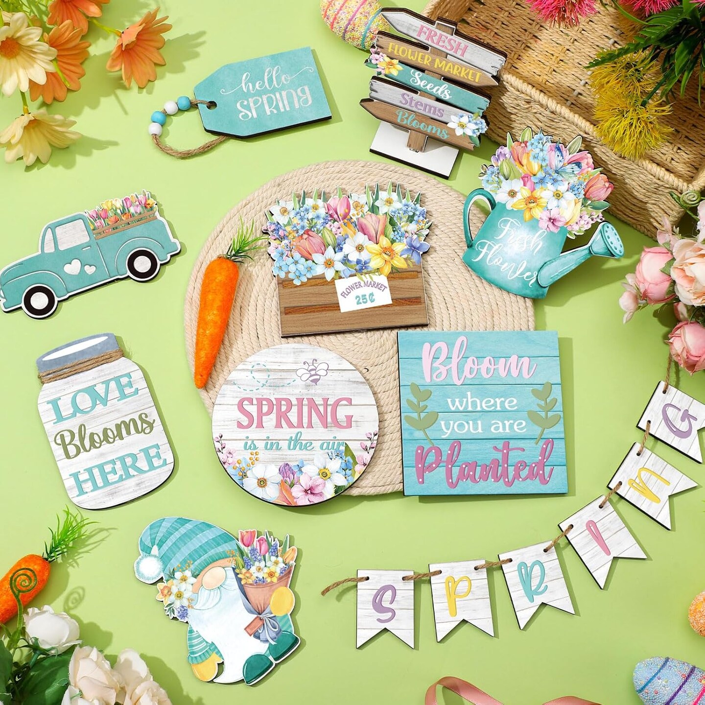 15 Pcs Hello Spring Flower Tiered Tray Decor Colorful Spring Wooden Table Centerpiece Rustic Flower Tulip Easter Home Decoration (Novel)