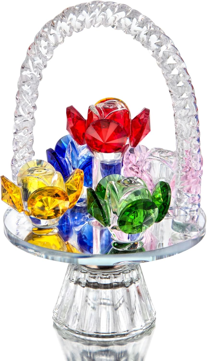Colorful Crystal Flower Basket Figurine Ornament, Glass Flower with Rotating Base for Home Dress Table Centerpiece