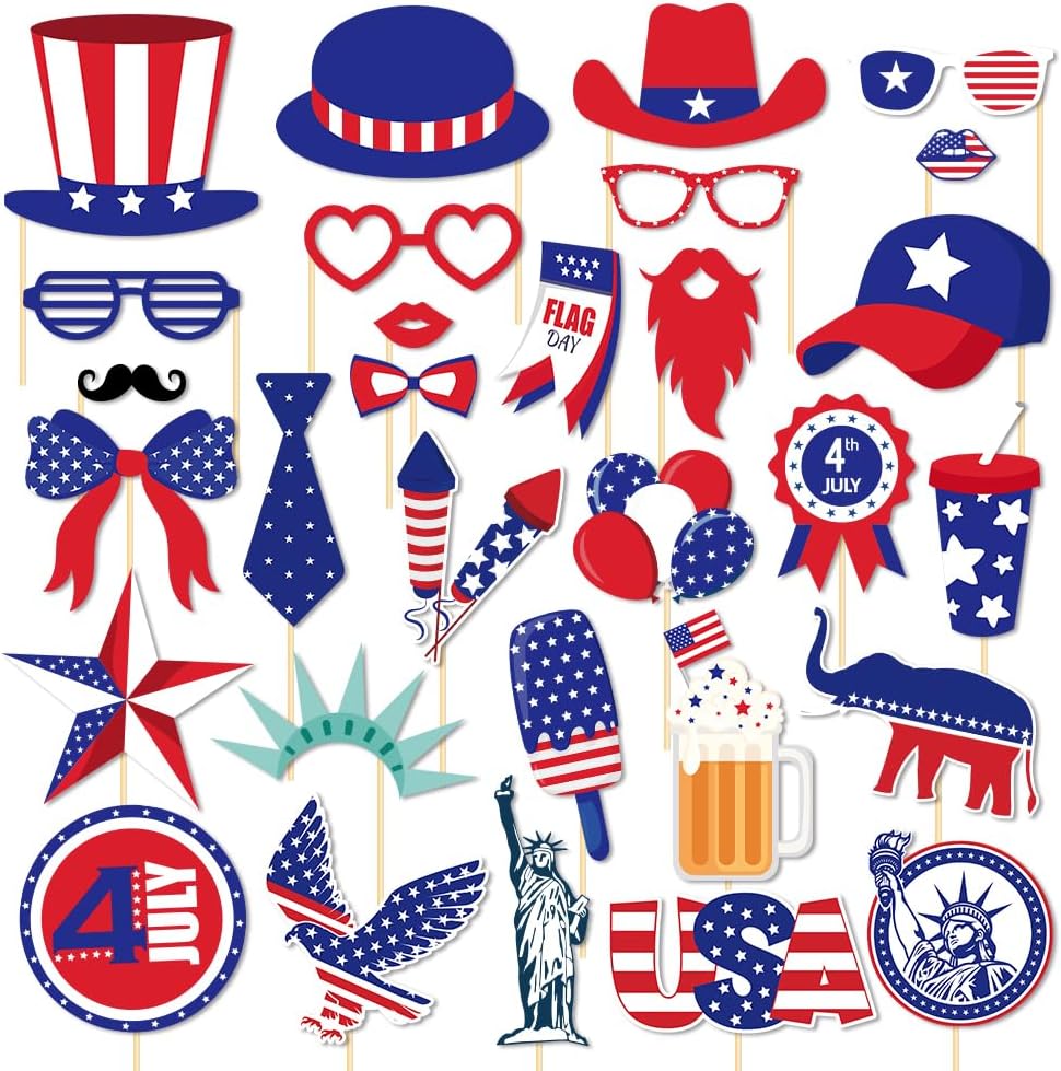 4th of July Patriotic Photo Booth Props, 30 Pcs Independence Day Labor Day Party Favors Photo Booth Props Kit Decorations USA American Memorial Day Veterans Day Photography Backdrop Decor