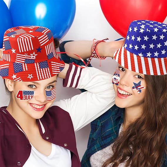 6 Pack Patriotic 4th of July Party Hats, American Flag Bucket Hats, USA Decorations Patriotic Hats Props, Red White and Blue USA Party Hats Accessories, Reversible Bucket Hats for Outdoor