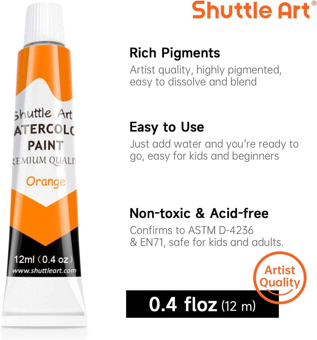 48 Pack Watercolor Paint Set, 36 Colors Watercolor Paint in Tubes (12ml Each) with 10 Brushes, 1 Watercolor Pad, 1 Palette, Premium Watercolor Kit for Artist, Beginners, Kids