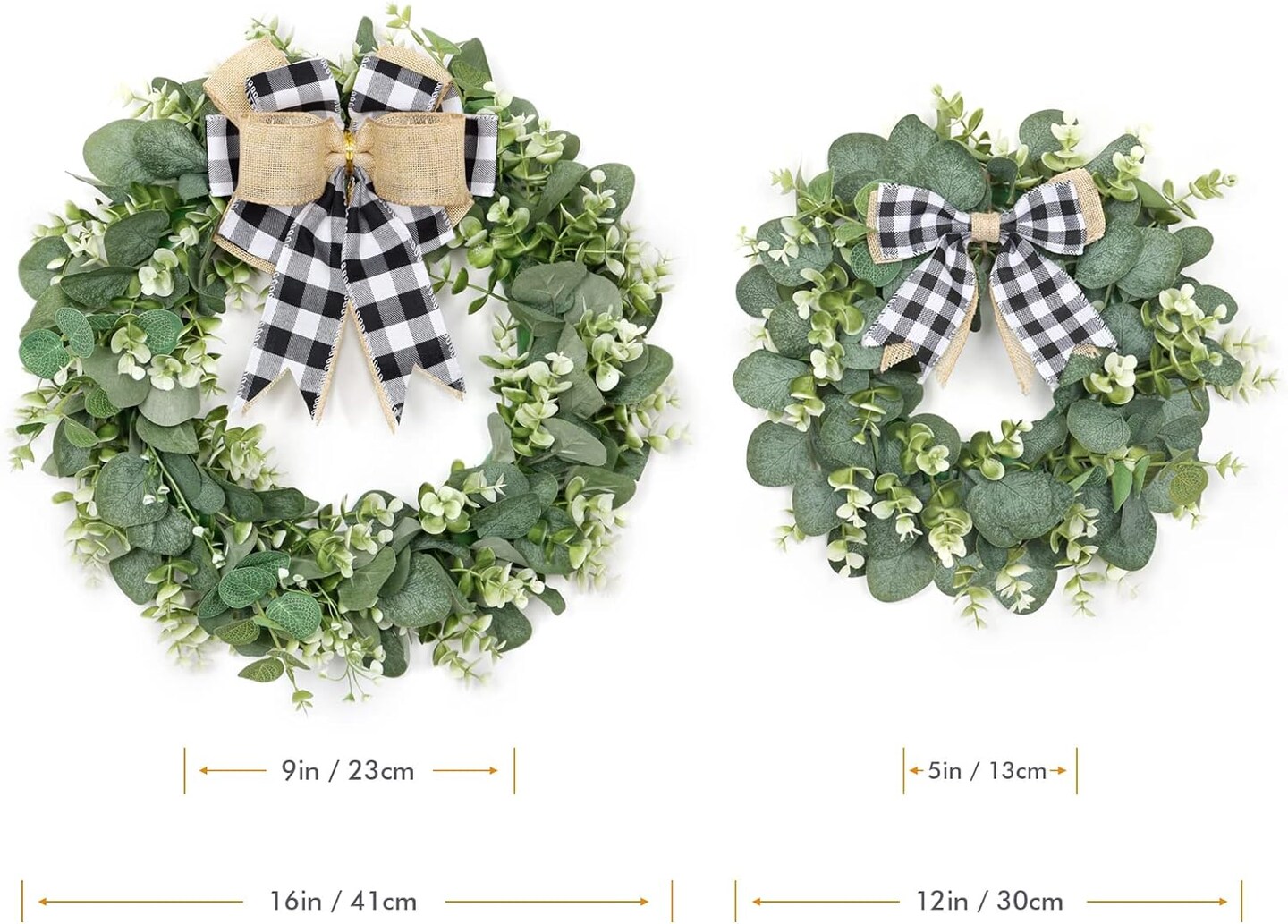 12&#x22; Artificial Eucalyptus Wreath with Plaid Bow | Spring Summer Green Leaf Wreath for Front Door Window Porch Farmhouse Decor Festival Celebration Home Decor (White&#x26;Black Plaid-Small)
