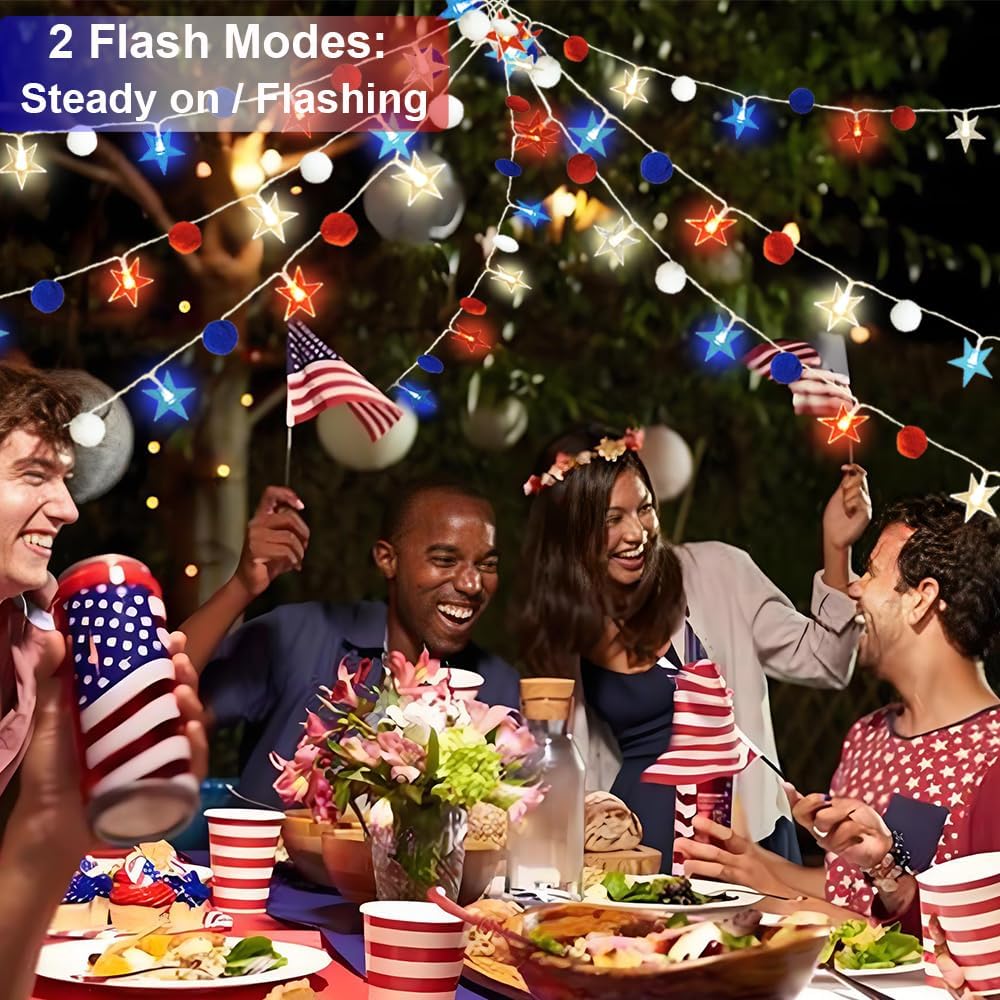 Red White and Blue Star String Lights 4th of July Decorations Pom Pom Star Lights Battery Operated with Timer Fairy Lights for Independence Day Memorial Patriotic Fourth of July Decor for Home