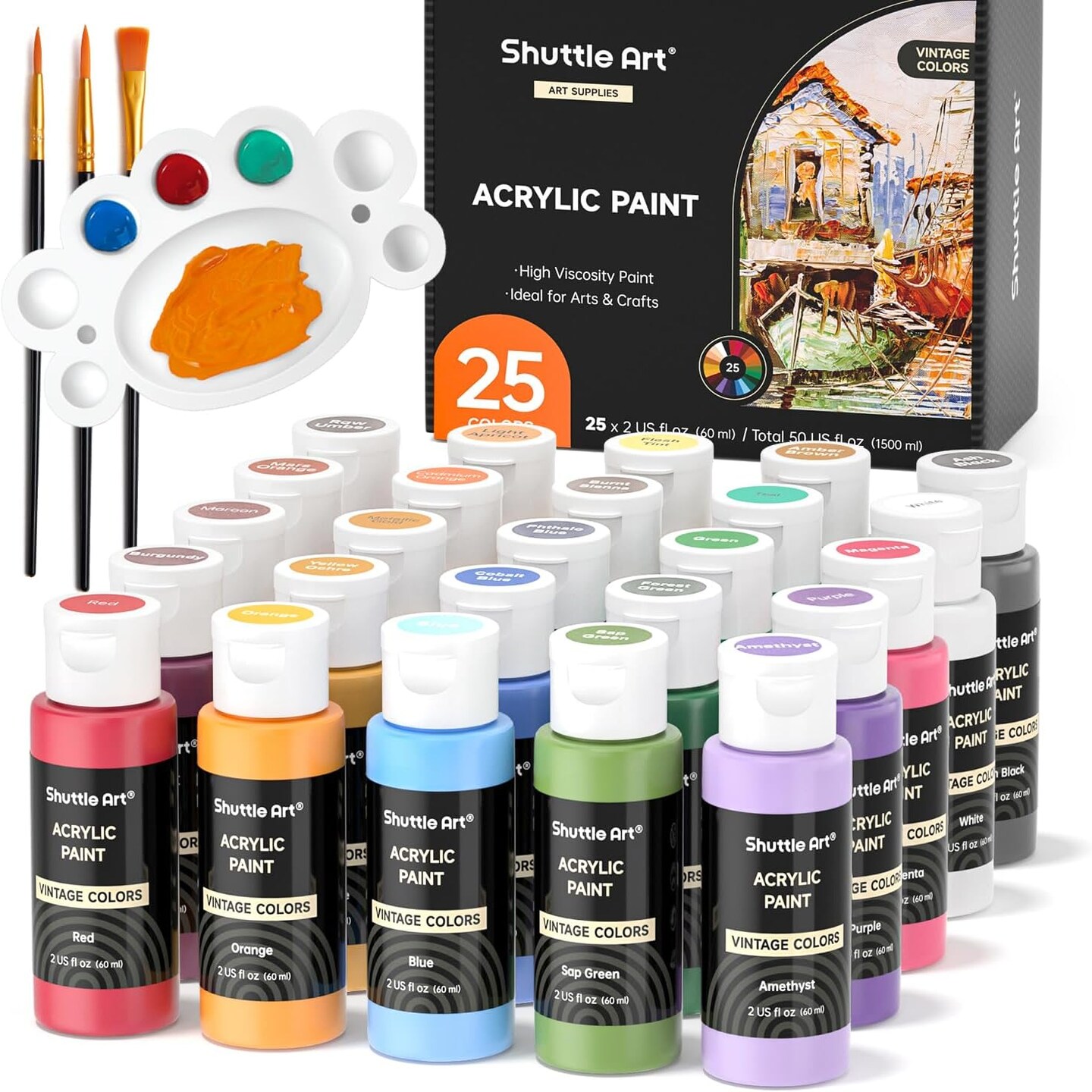 Premium Paint Set, 25 Vintage Colours, 2oz/60ml Bottles, Rich Pigmented Acrylic Paints for Artists, Beginners and Kids on Canvas, Wood, Ceramic