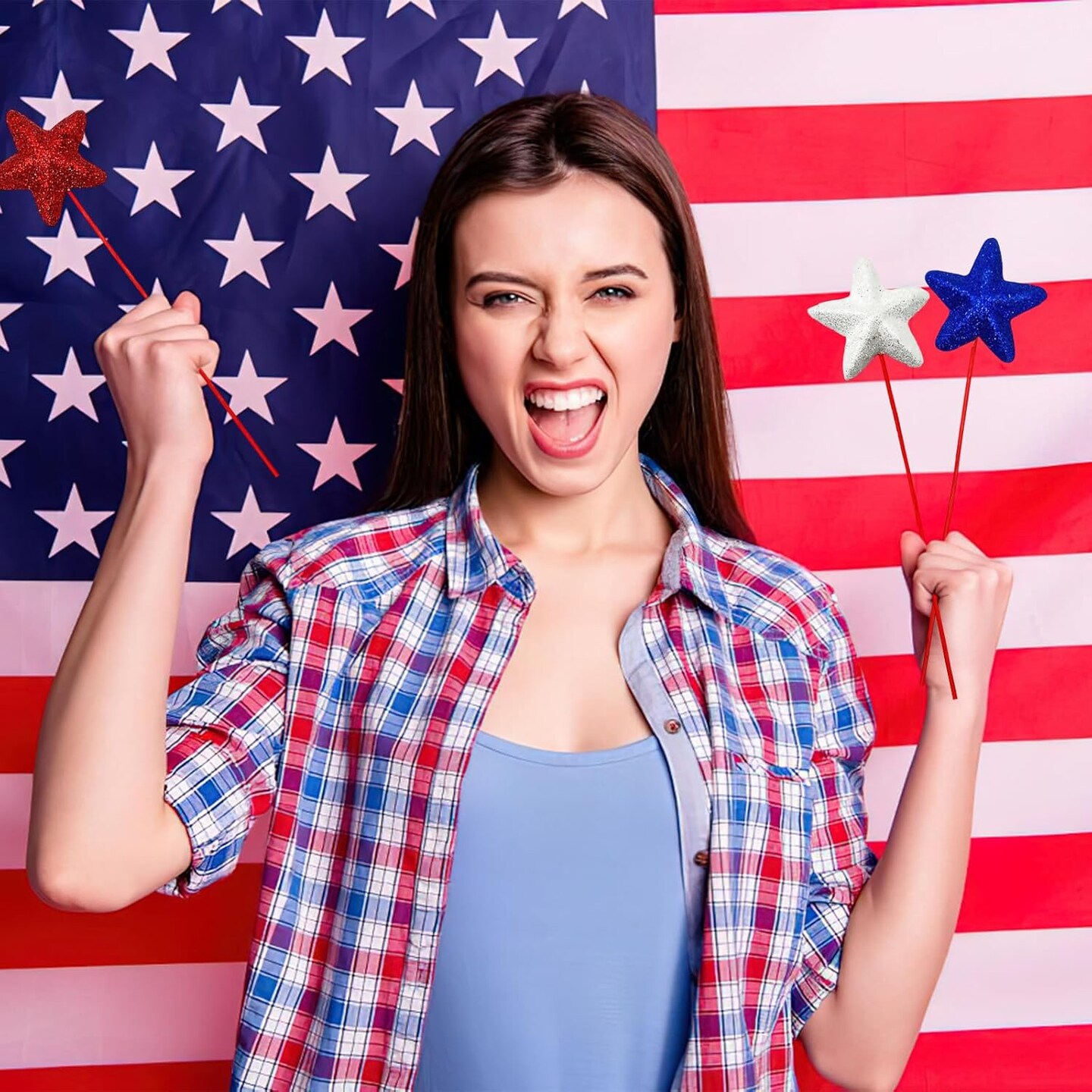 12 Pcs 4th of July Red White Blue Glitter Puffy Star Picks Foam Sparkly Sticks Floral Arranging Supplies for Memorial Day National Day Independence Day Party Tabletop Decoration