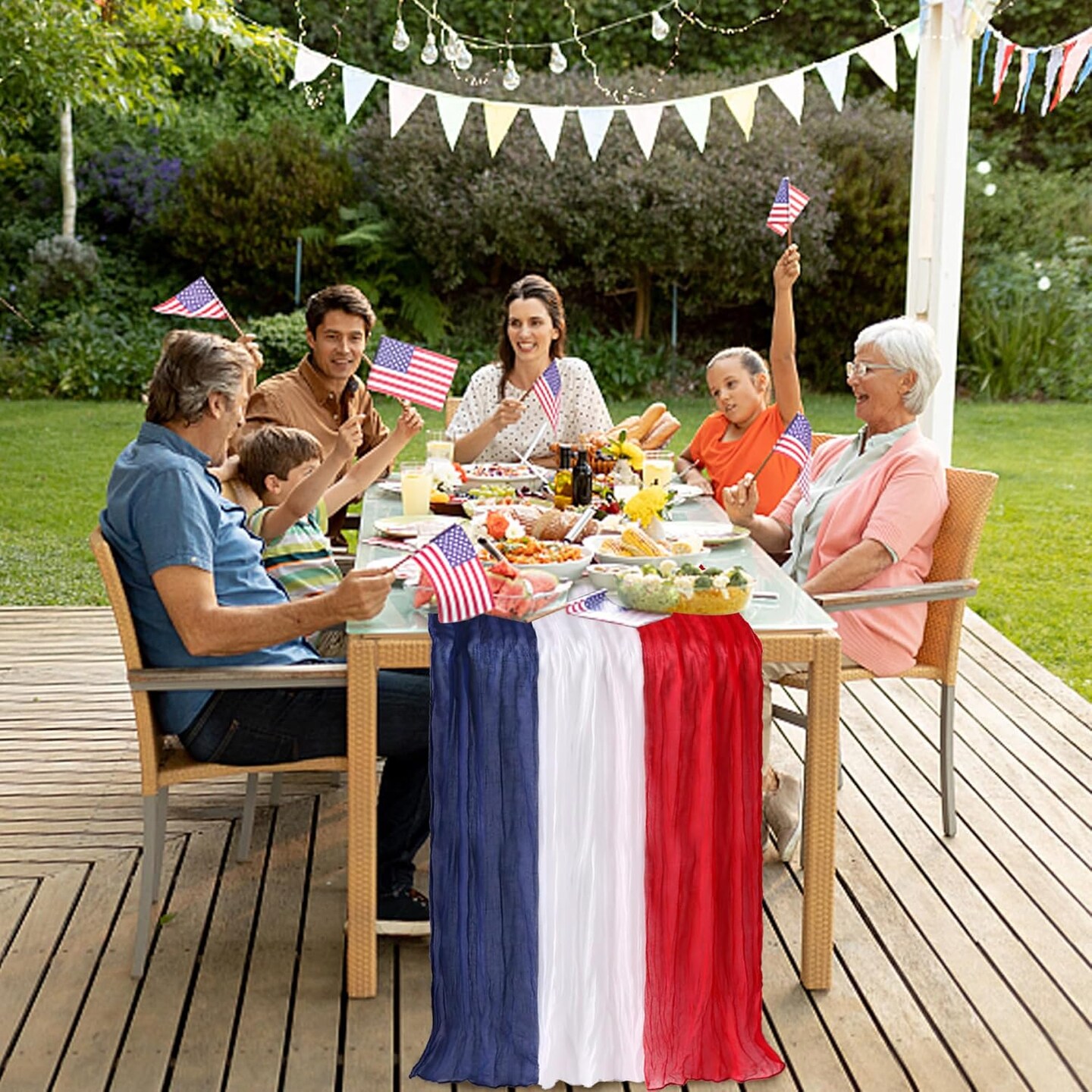 2 PCS 4th of July Cheese Cloth Table Runner- 120 x 38 Inch Rustic Red White and Blue Gauze Table Cloth