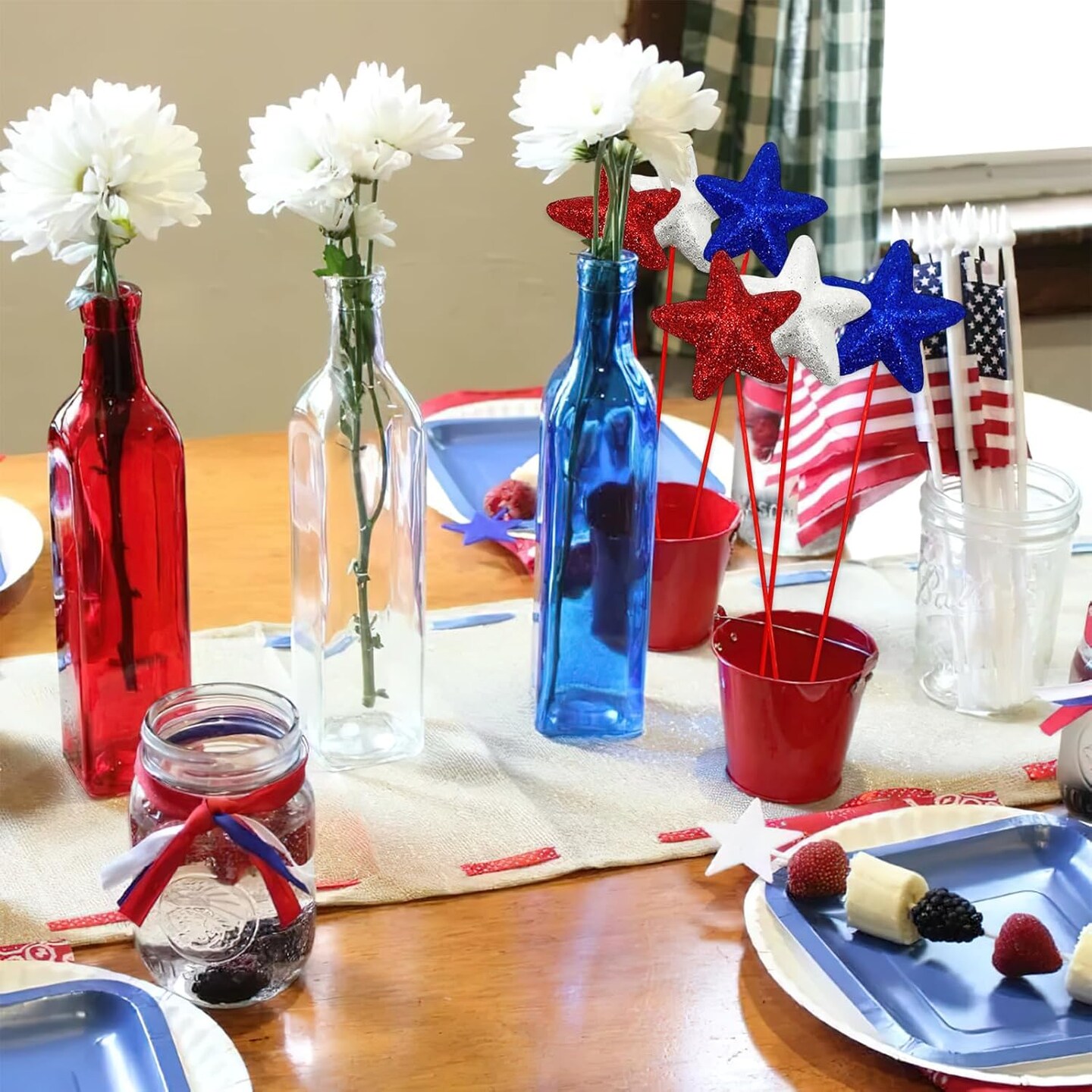 12 Pcs 4th of July Red White Blue Glitter Puffy Star Picks Foam Sparkly Sticks Floral Arranging Supplies for Memorial Day National Day Independence Day Party Tabletop Decoration