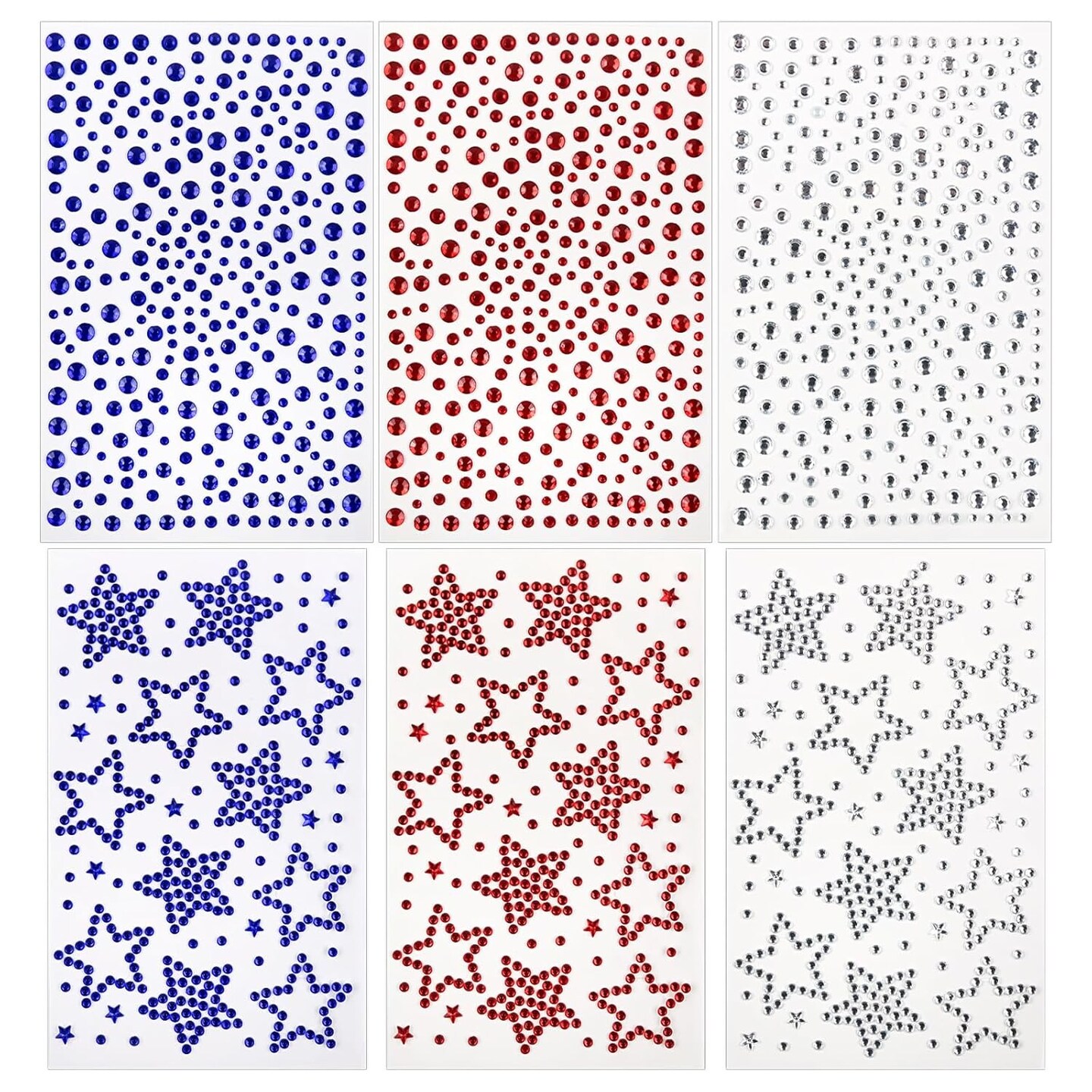Face Gems 6 Sheets Hair Gems, Self Adhesive Face Jewels Stickers, Red White and Blue Star Festival Face Gems Stick on, 4th of July Rhinestone for Face, Eye, Makeup, Rave Accessories for Kids