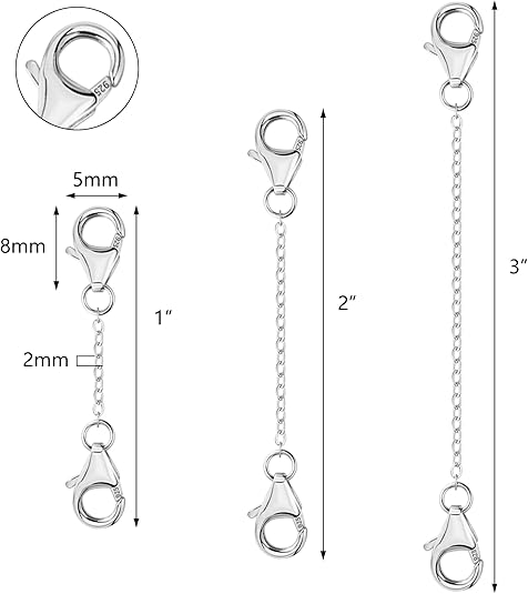 3 Pcs 925 Sterling Silver Necklace Extenders Gold Plated Durable Strong Removable Necklace Bracelet Anklet Extension Chain Extenders for Jewelry Making 1 2 3 Inch