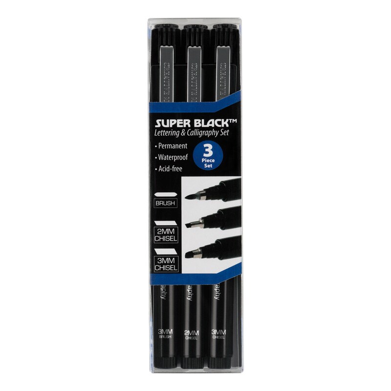 Creative Mark Calligraphy & Fineliner Pen Set of 3 Lettering & Calligraphy Drawing - Super Black, Permanent, Waterproof, & Acid-Free Chisel Nylon-Nibs Pens & Medium Brush Tip