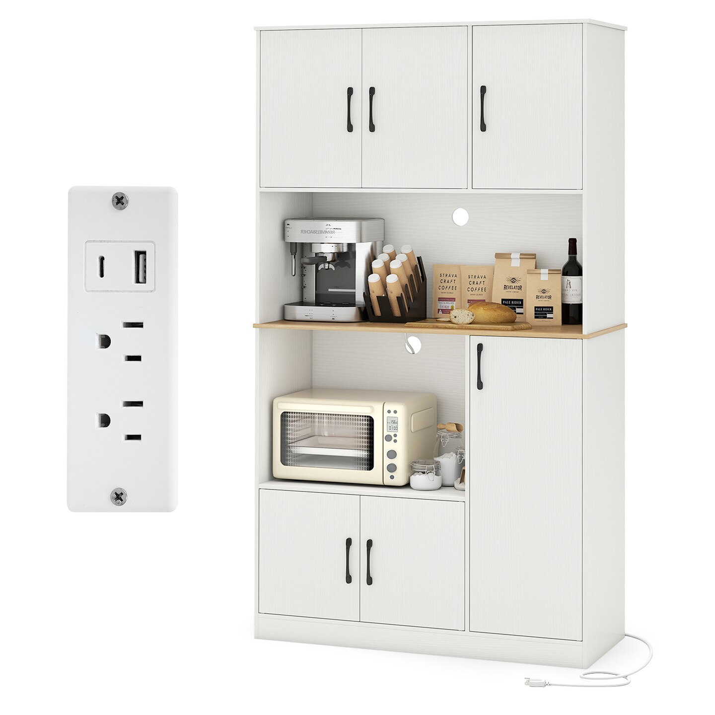 71" Pantry Cabinet with Countertop, Microwave Stand & USB/AC Charging Ports
