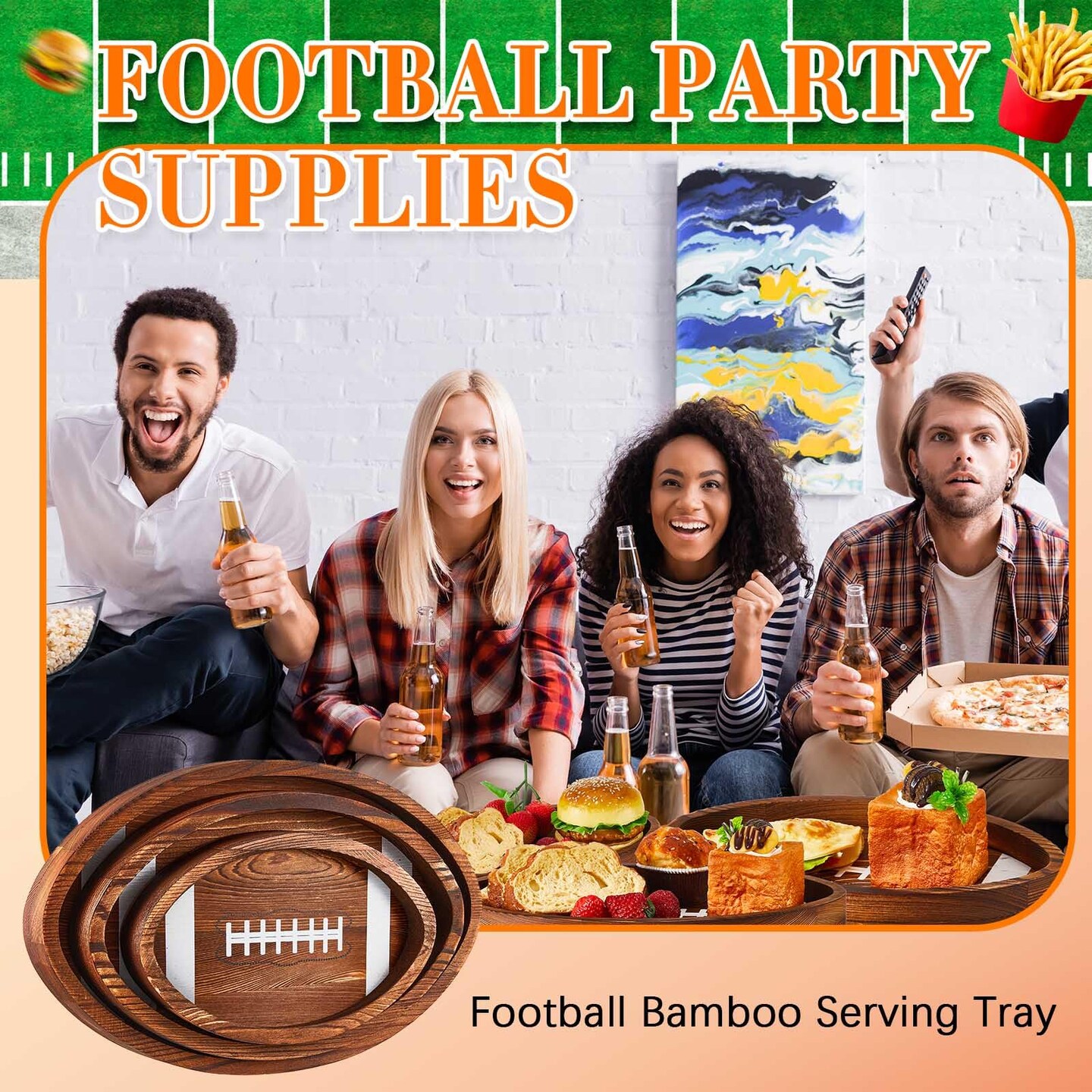 3 Pcs Football Serving Trays and Platters Wooden Shaped Football Plates Soccer Serveware Tailgate Party Serving Platter for Game Party Decorations, 13'', 11'', 8.7''