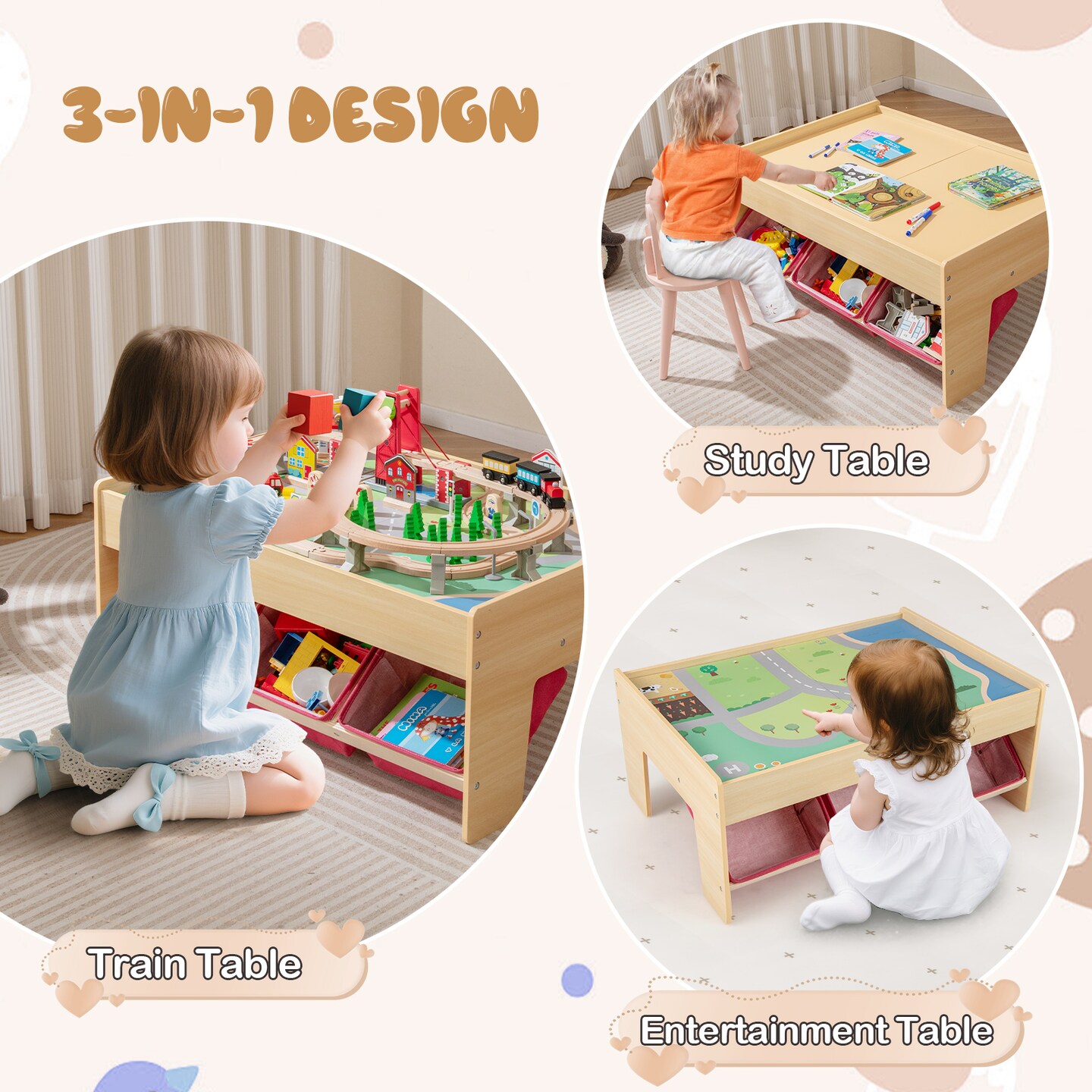 Multipurpose Kids Wooden Train Table with 2 Reversible Tabletops