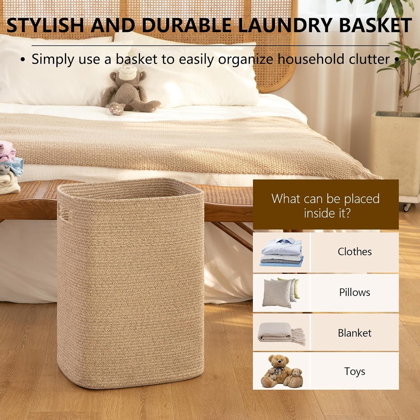 Laundry Hamper, Rectangle Cotton Laundry Basket with Handles, Large Blanket Basket for Living room, Woven Decorative Storage