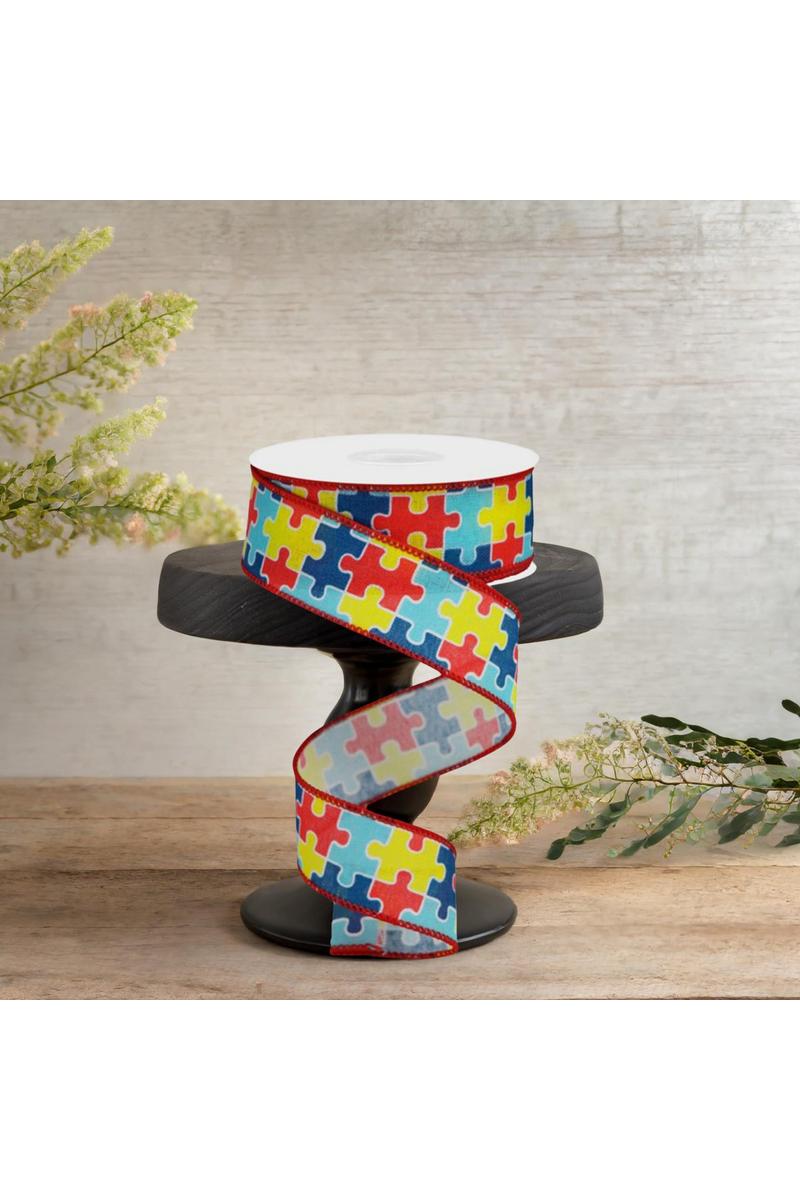 1.5&#x22; Puzzle Piece Ribbon on Royal: Autism Awareness (10 Yards)