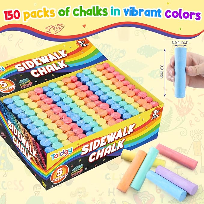 150 PCS Washable Sidewalk Chalks Set for Kids, 30 Packs in 5 Colors, Non-Toxic Jumbo Sidewalk Chalk Bulk for Outdoor Art Play, Painting on Chalkboard, Blackboard and Playground