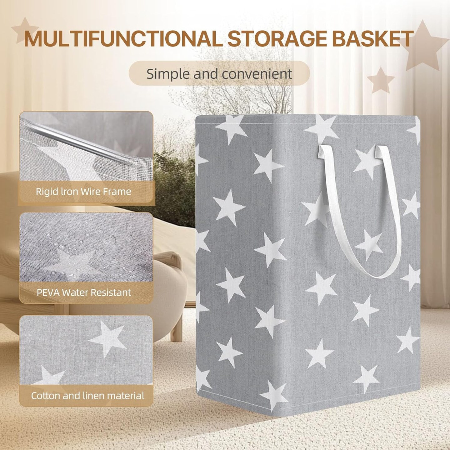 Large Collapsible Laundry Hamper, Waterproof Storage Basket with Handle, Freestanding Clothes Hampers, for Laundry Room, Bathroom, Bedroom, Clothes and Toys