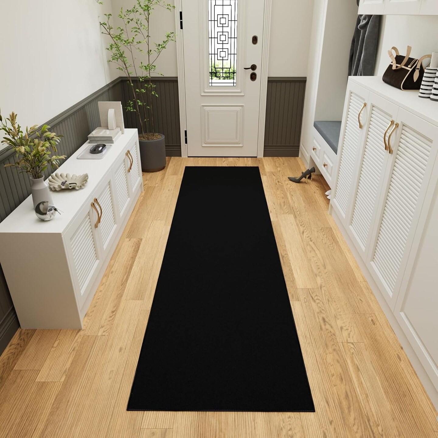 Machine Washable Modern Solid Design Non-Slip Rubberback 2x12 Traditional Runner Rug for Hallway, Kitchen, Bedroom, Living Room, 1&#x27;10&#x22; x 12&#x27;, Black