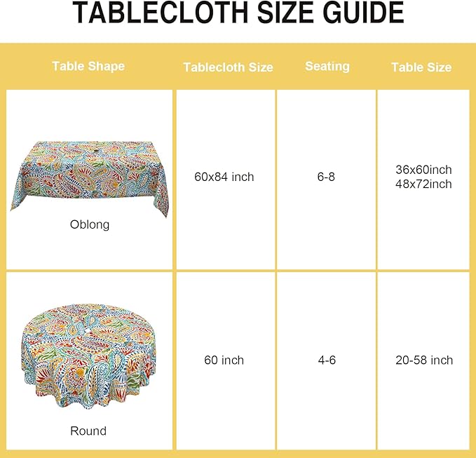 Round Outdoor Tablecloth with Umbrella Hole and Zipper 60 inch, Spring/Summer Floral Picnic Table Cover Waterproof Fabric for Patio Garden Picnic Party Table, Paisley Multi