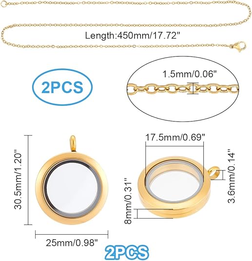 Stainless Steel Memory Locket Charm Flat Round DIY Picture Photo Necklace Making Kit Chain Necklace with Crystal Double Sided Frame Glass Container Floating Charms for Lockets