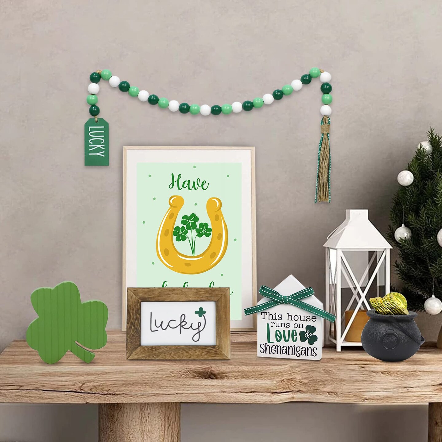 St. Patrick's Day Decorations, Lucky, Shamrock, Pot of Gold, Bead Garland, House Shape St. Patrick's Day Wooden Signs for Table Shelf Decor