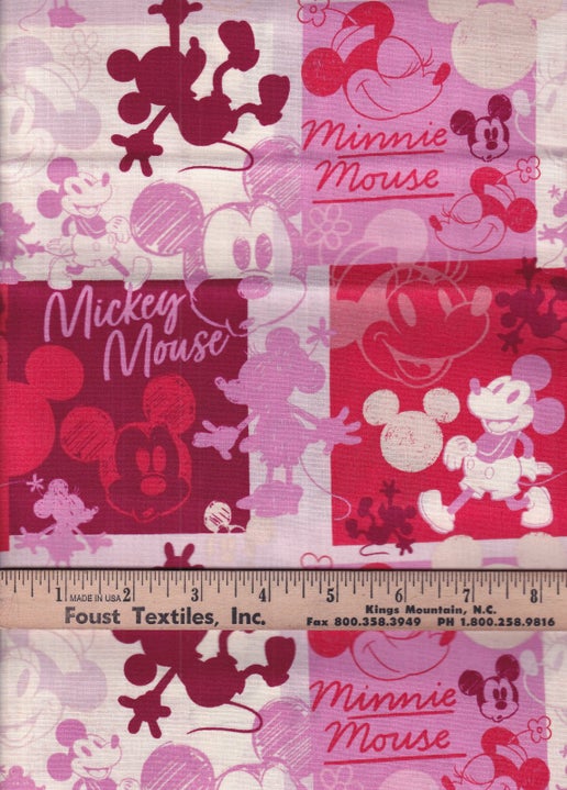 Licensed Disney Prints - Mickey and Minnie Patch Pink Cotton Fabric by the Yard